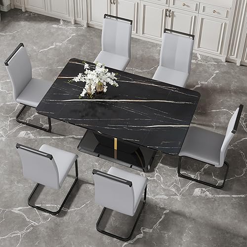Miniatura 8 de JUFU Juego de mesa de comedor moderna para 6 personas, mesa de cocina rectangular con mesa de mármol sintético y 6 sillas tapizadas de piel