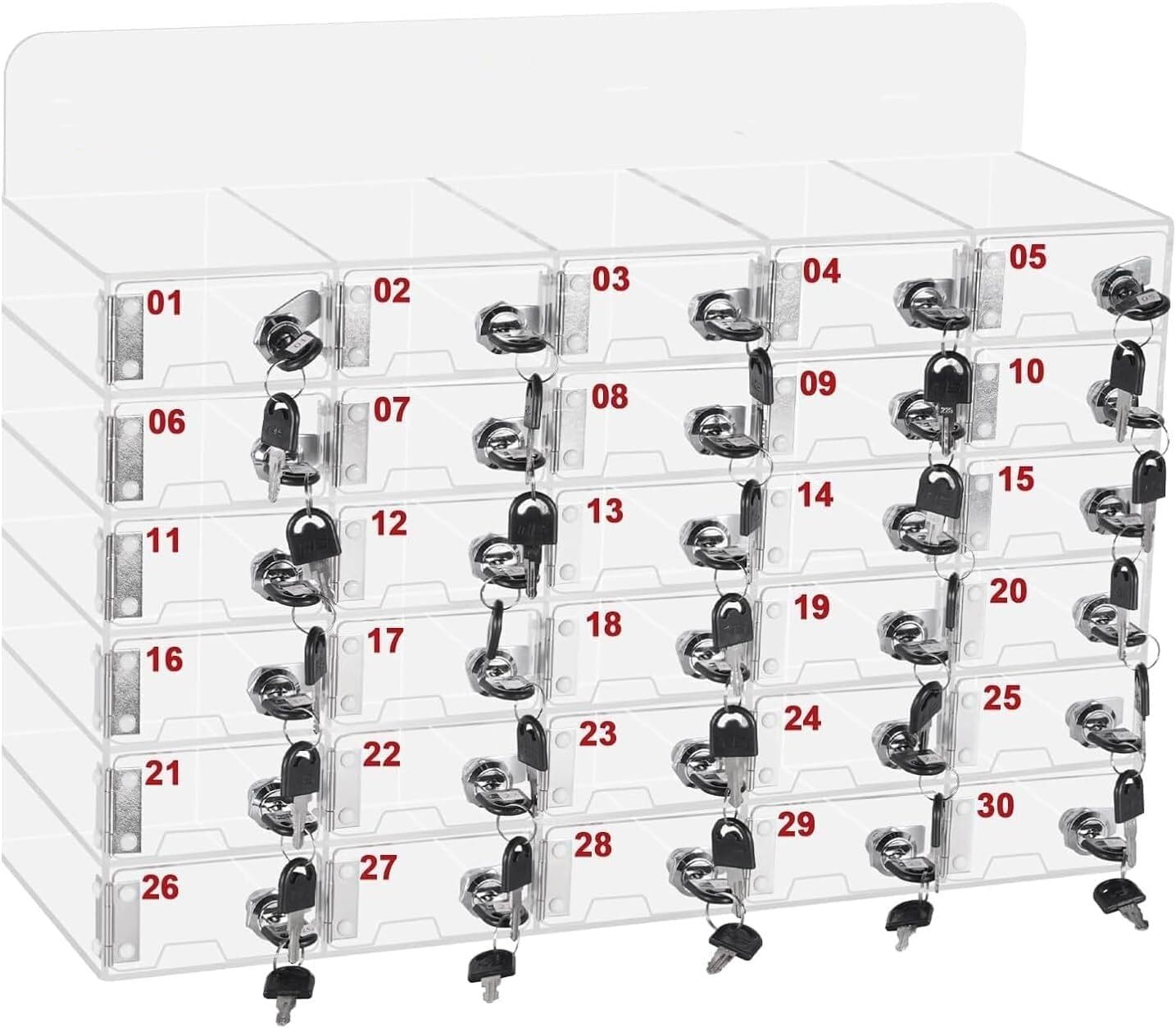 Portable Mobile Phone Storage Box,Acrylic Cell Phone Locker Box, Cell Phone Cabinet Clear, Wall-Mounted Pocket Locker, with Door Locks and Keys Charging Hole,One Color-25slots