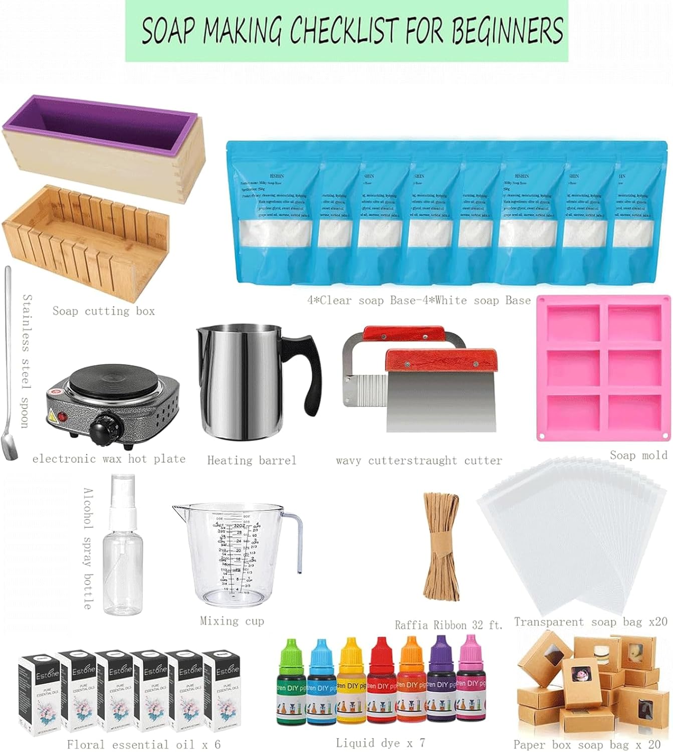 HSHIN Soap Making kit for soap Making, DIY soap Making kit Includes soap Melter, 4 lbs soap Base, Pigment Colors and Essential Oils, Silicone Bread Mold, Cutting kit, Gift Box Packaging