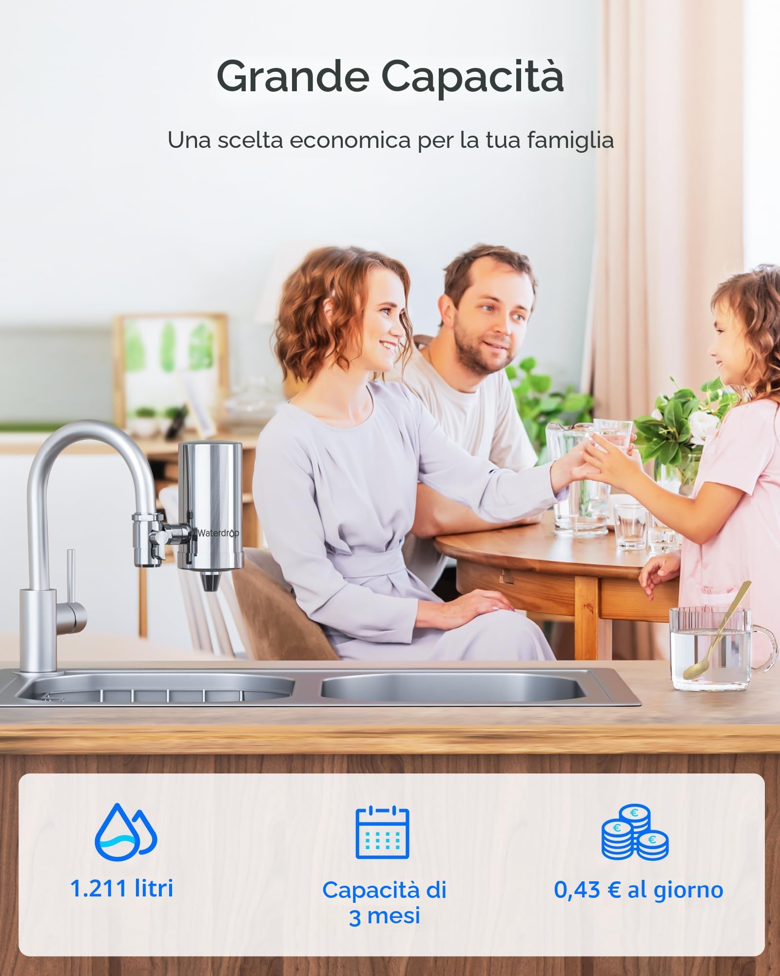 Waterdrop WD-FC-06 Rubinetto in Acciaio Inossidabile, Sistema di Filtraggio dell'acqua a Blocchi di Carbone, Rimuove il Cloro, i Metalli Pesanti e il Cattivo Gusto (1 Filtro Incluso)