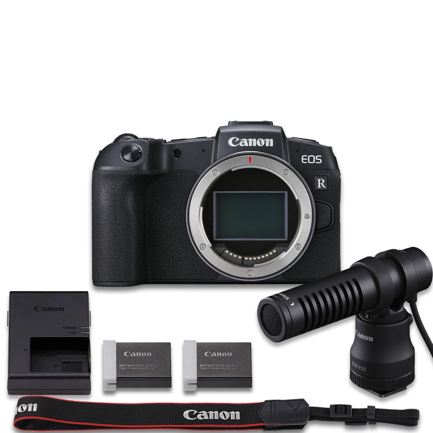 Canon EOS RP Mirrorless Camera (Body Only) with DM-E100 Microphone + Extra LP-E17 Lithium-Ion Battery + More (9pc Bundle)