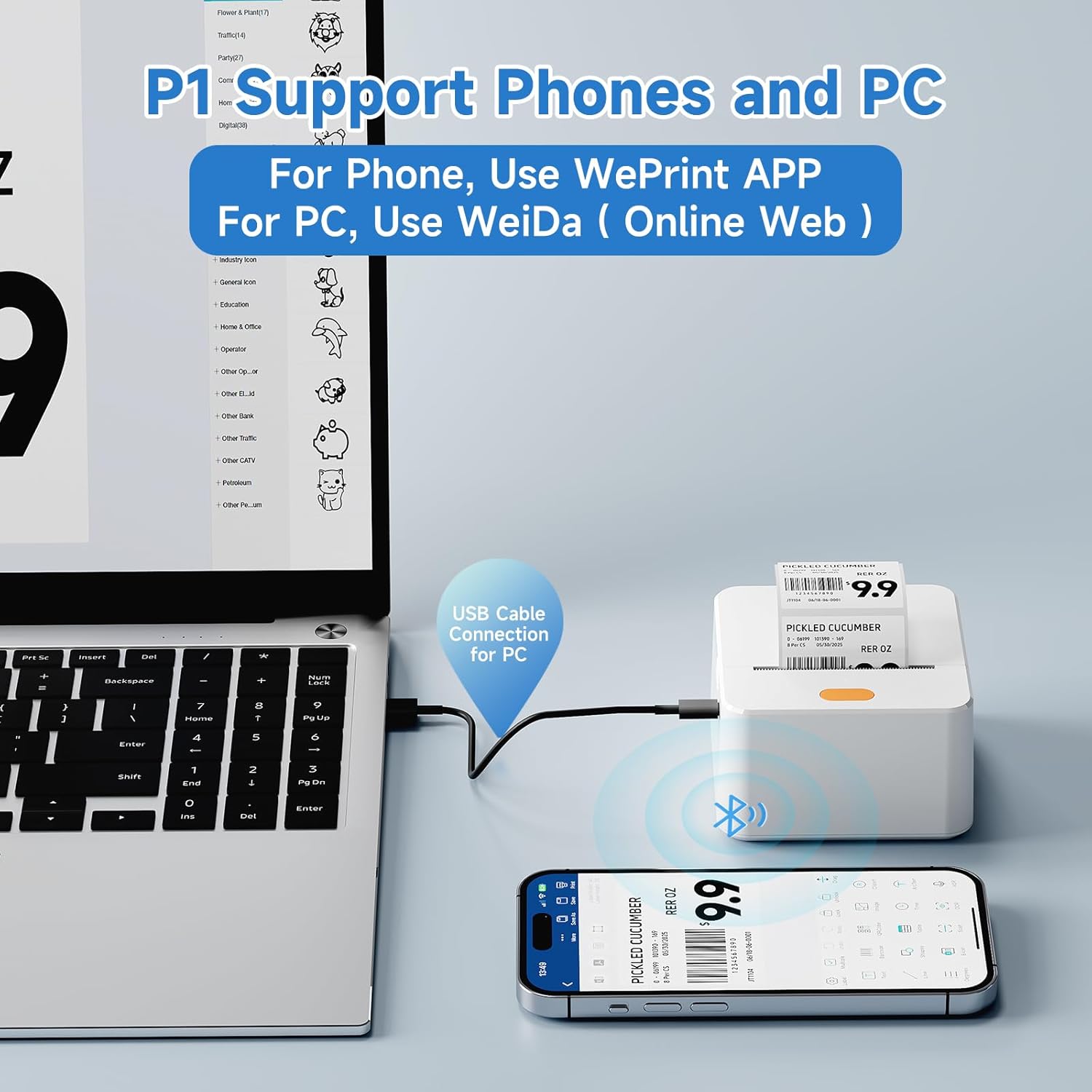 Label Maker Machine P1 2 Inch Thermal Printer Portable Bluetooth Shipping Label Printer Sticker Maker Labeling Machine Home Office School Business Use Rechargeable White