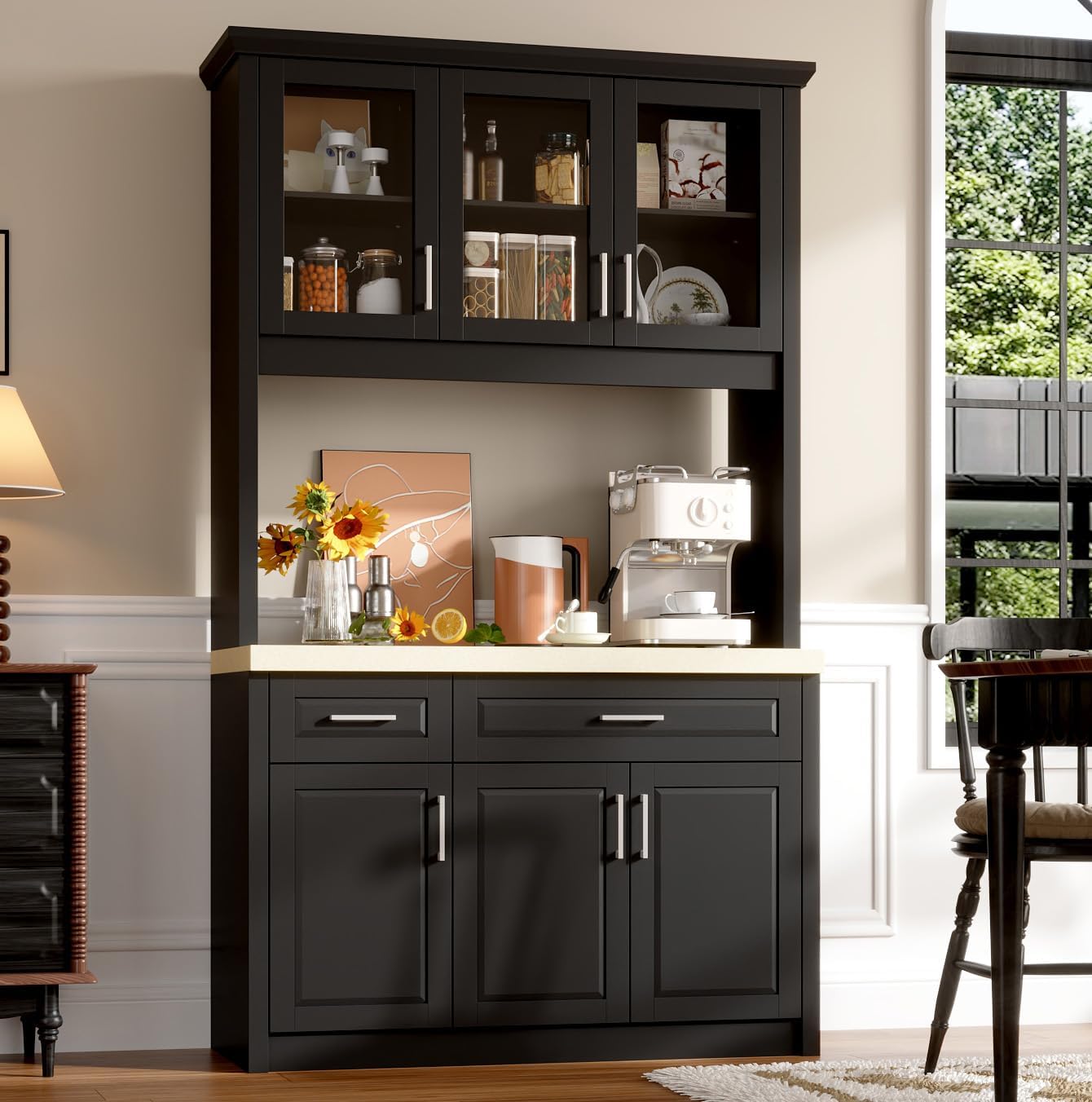 Timechee Cupboard, Kitchen Pantry Storage Cabinet, Modern Food Pantry Cabinet with 2 Drawers, 3 Glass Doors and Metal Handles for Kitchen, Bathroom, Black + Beige(18.7" D x 47.6" W x 82.7" H)