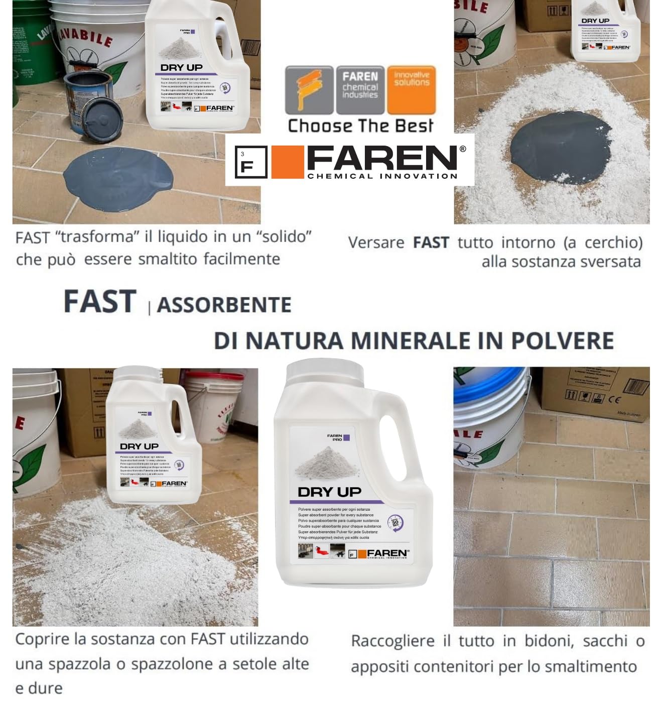Faren DRY UP, Polvere Assorbente per Liquidi Minerale Ecologica, Ideale per Olio, Vernici, Acidi, Grassi, Pulizia Pavimenti, Assorbi Liquidi, 900g (4)