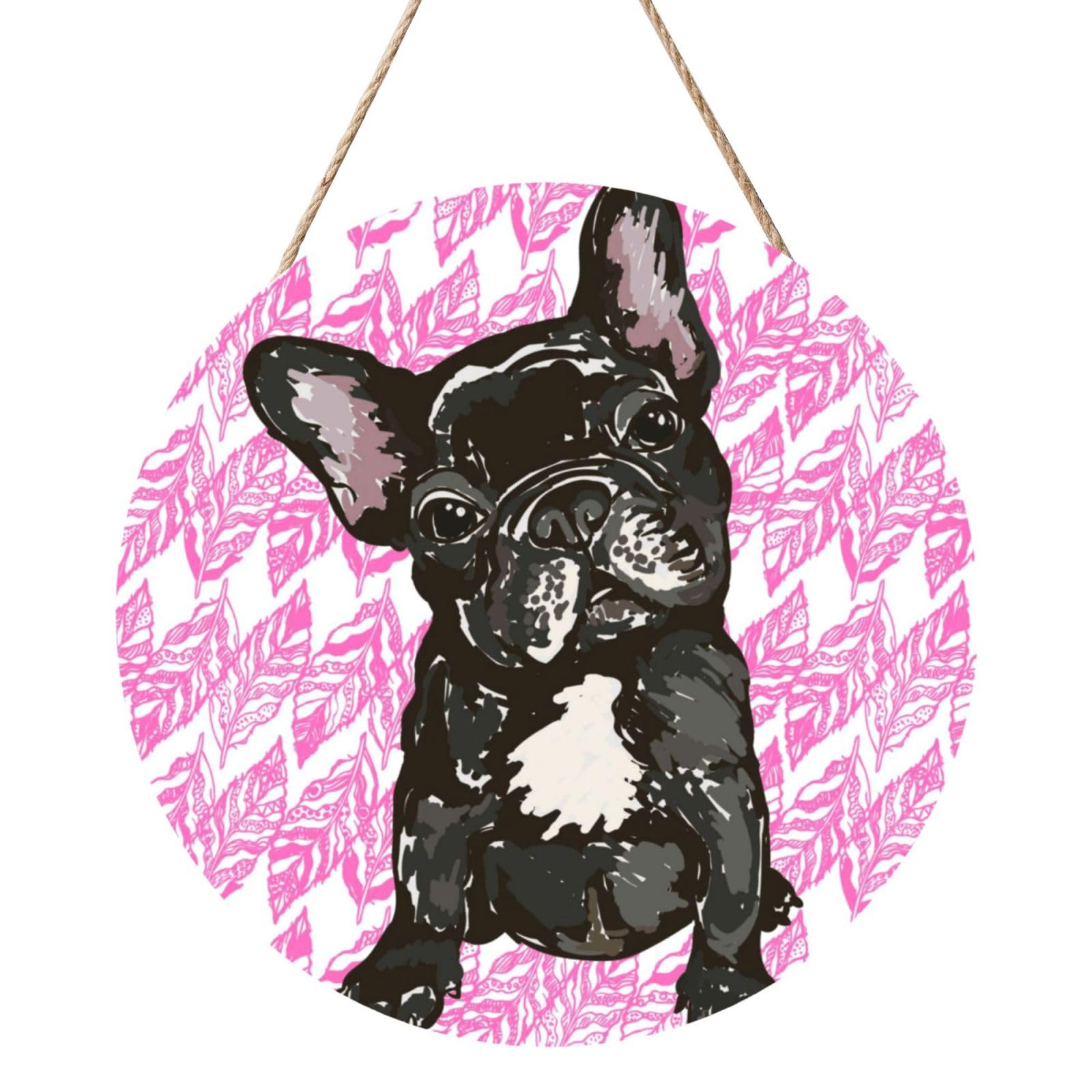 InOmak Puppy French Bulldog, Round Wood Panel Painting 12 in, Wall Hanging Painting For Home