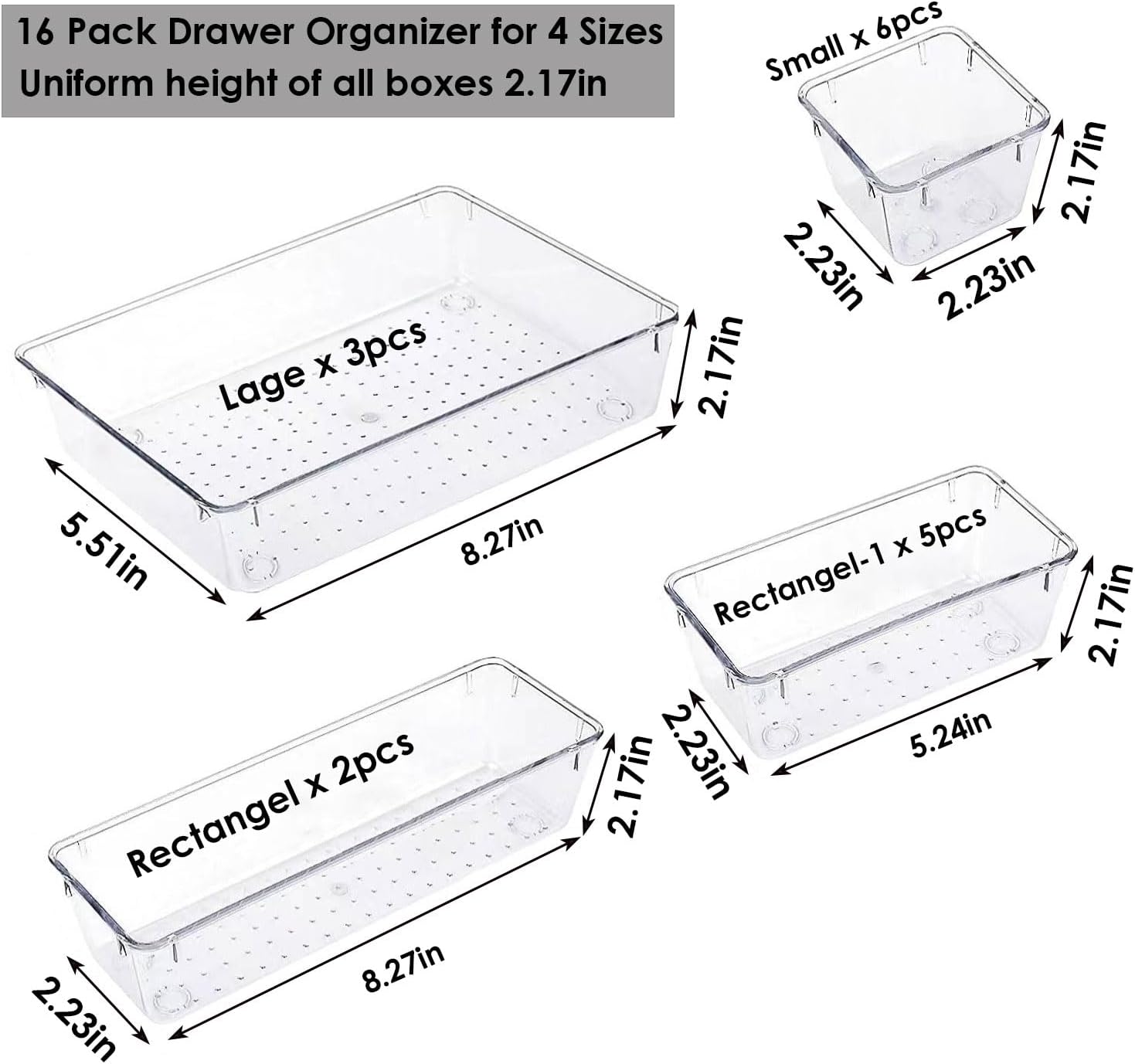 16 Pack Drawer Organizer Set, 4-Size Desk Drawer Organizer Fridge Storage Trays Containers Organization Food Storage Snack Organiser Storage Bins for Makeup Kitchen Utensils Gadgets Office
