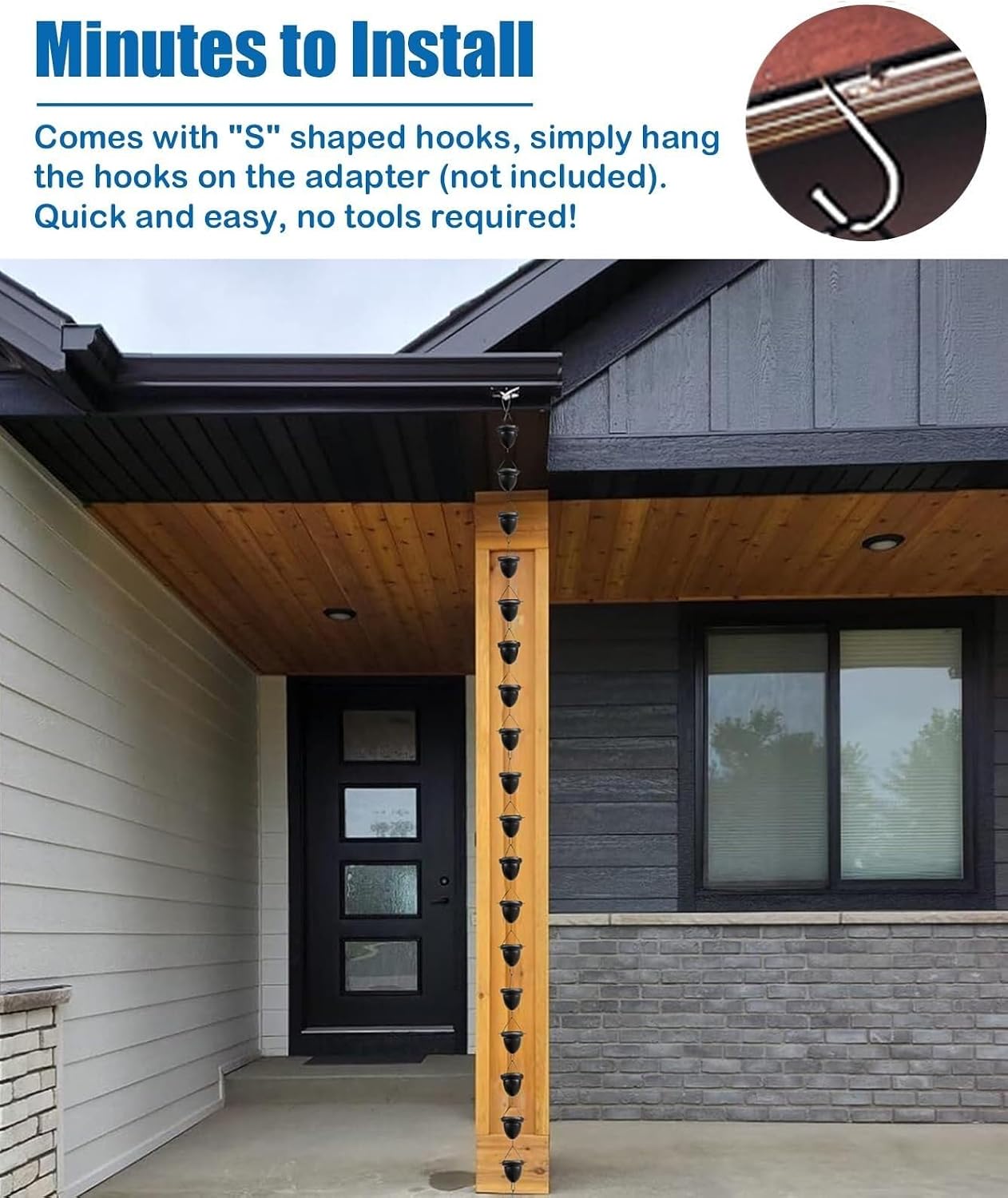 Black Aluminum Rain Chain with Acorn Cups, Adjustable Outdoor Rainwater Catcher for Gutters and Eavestroughs(2.2m (7.2ft))