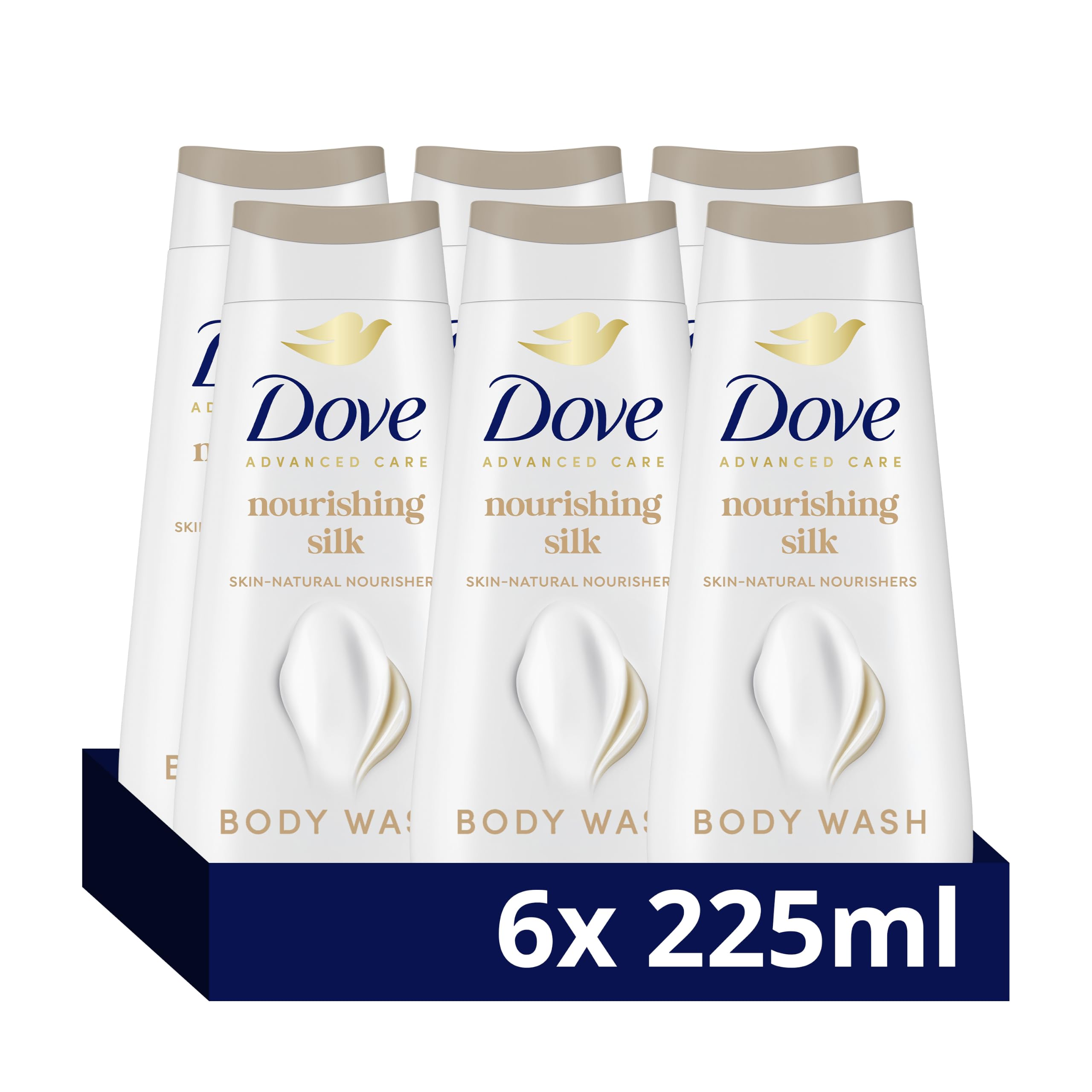 Dove Advanced Care Nourishing Silk Body Wash Body Cleanser shower gel with skin-natural nutrients for instantly silky-soft skin 6x 225 ml