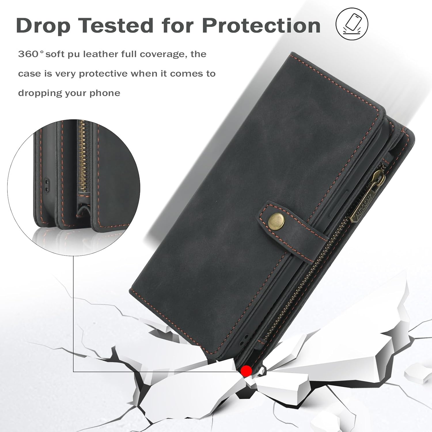 TwoHead for Samsung Galaxy S25 Ultra Wallet Case with Card Holder, Detachable Magnetic Phone Case for S25 Ultra,PU Leather All-Round Protective Phone Case Wallet with Wrist Strap,Black - Image 8