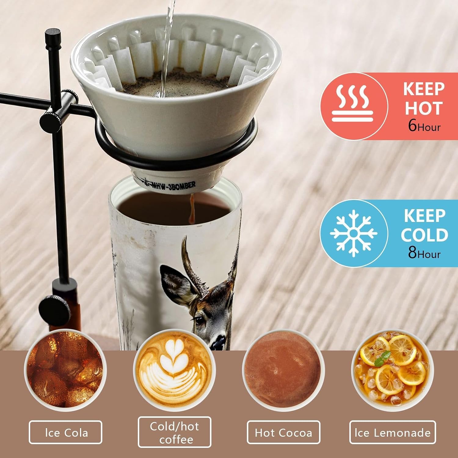 Insulated Coffee Mug Deer Wood Retro with Straw & Flip Lid, 16.9oz Iced Tumbler Cup, Double Wall Vacuum Mug for Travel Office Camping
