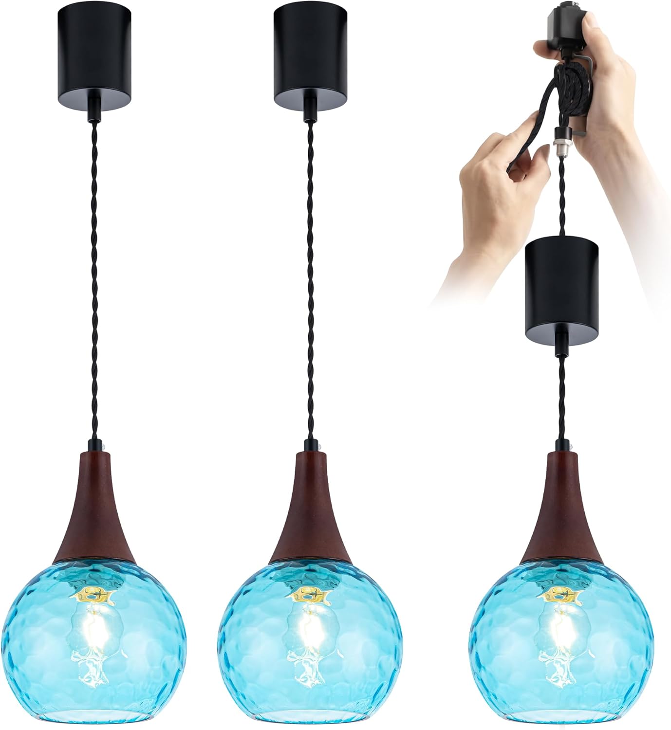 Track Lighting Pendants 3 Pack, Adjustable Height H-Type Modern Track Pendant Light, Mini Pendant Lights for Kitchen Island with Hand-Blown Blue Hammered Glass Shades (LED Bulbs Included)