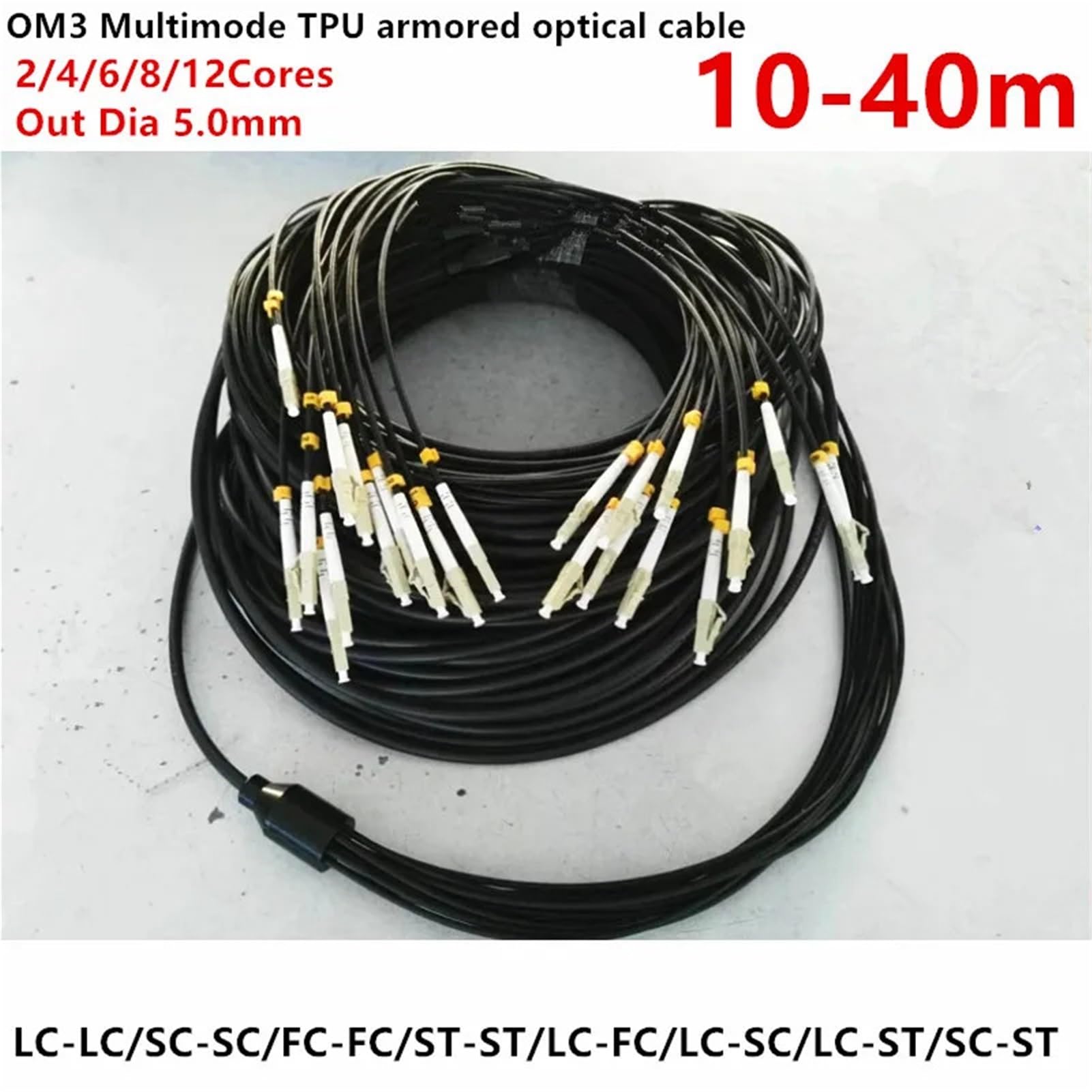 Câble optique blindé en TPU, multimode OM3, 2/4/6/8/12 cœurs, LC,SC,FC,ST,UPC, pont à fibre optique flexible, FTTH, 10 m, 20 m, 30 m, 40 m (8 cœurs LC-LC 20 m)