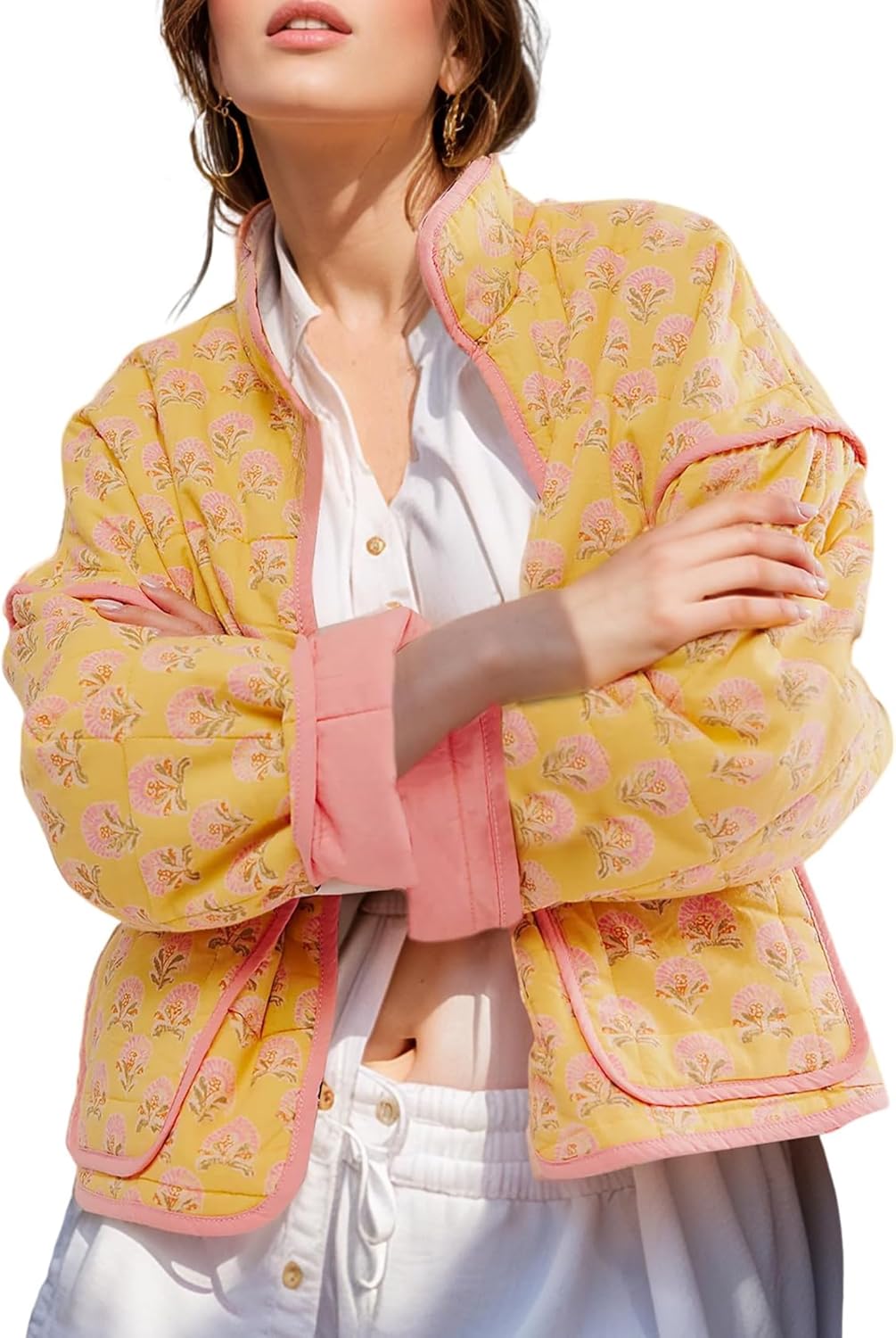 Womens Floral Quilted Jackets Lightweight Cropped Button Down Padded Puffer Jacket Winter Warm Coats