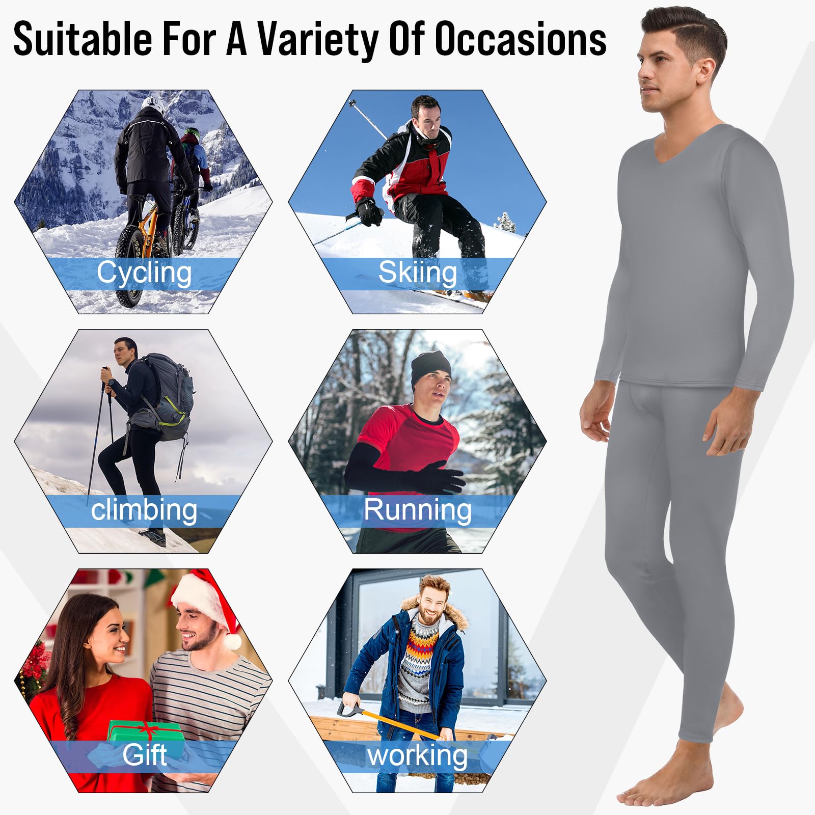 3 Set Herren Thermounterwäsche Winter Warm V-Ausschnitt Fleece Gefüttert Base Layer Set Thermo-Set für kaltes Wetter