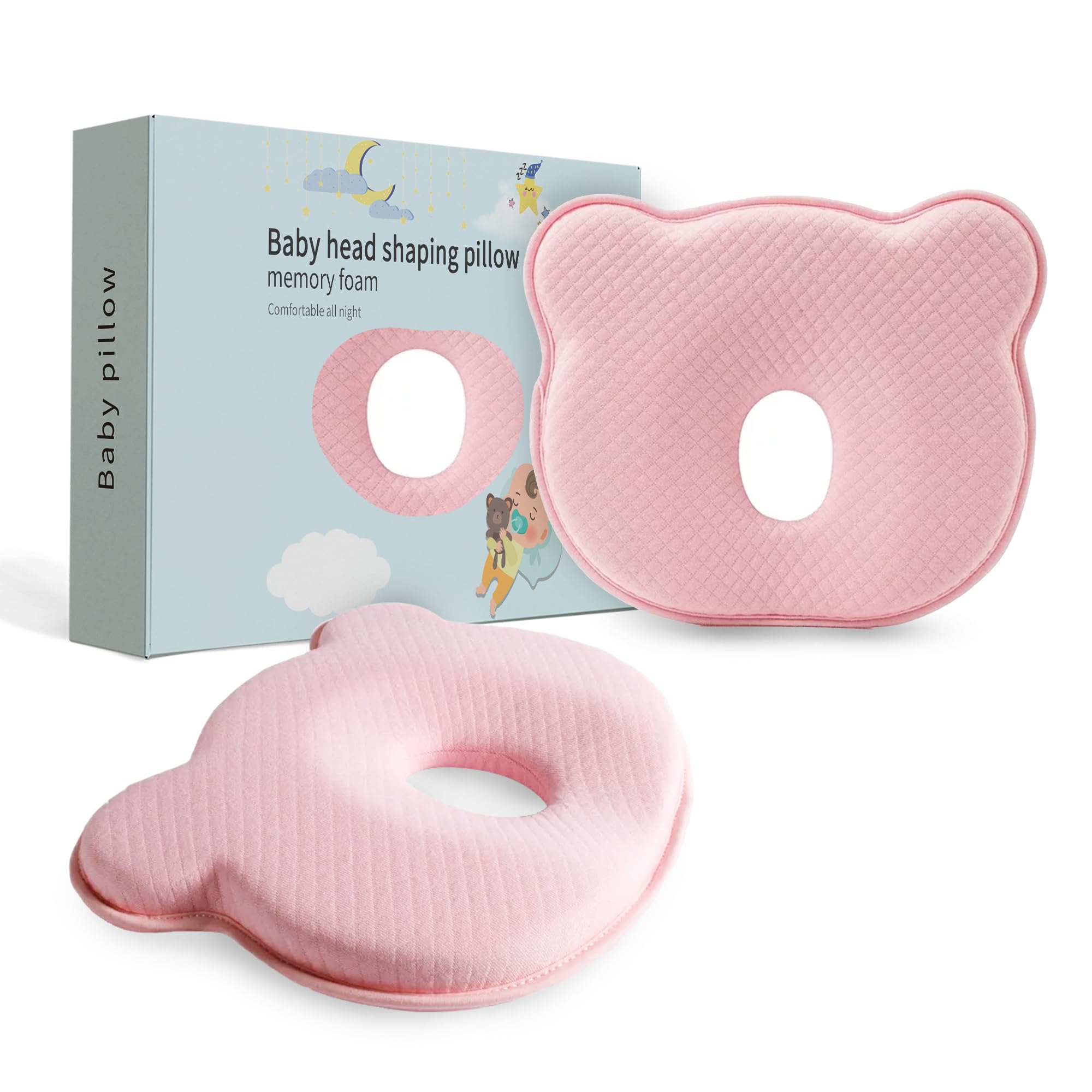 MarBoost Soft and Breathable Baby Pillow with Memory Foam and Bear Design (Pink)