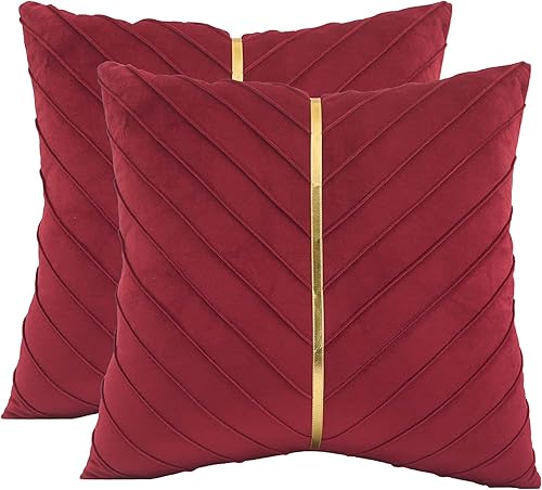 Tosleo Fundas de almohada de terciopelo rojo de 24 x 24 pulgadas, paquete de 2 con fundas de almohada decorativas de cuero dorado para sofá, fundas disponible en Yaxa Costa Rica