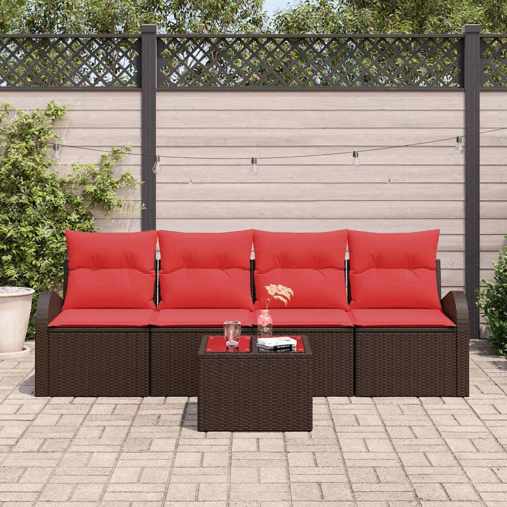 Set di 5 divani da giardino in polyrattan marrone con tavolo | Set lounge in rattan flessibile per terrazza e balcone, con morbide imbottiture e robusto tavolo in vetro.