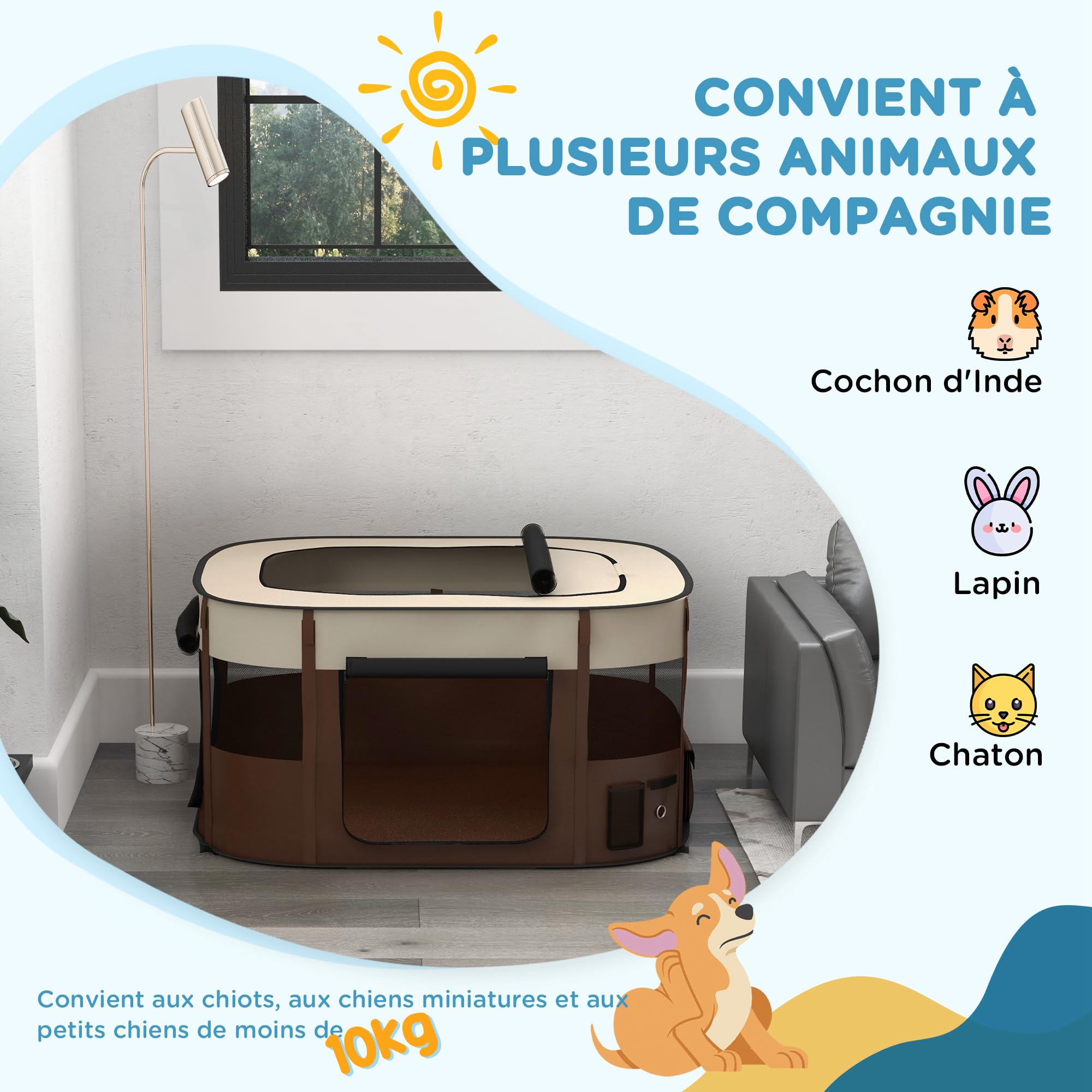 PawHut Parc pour Chien en Tissu Oxford, Enclos Extérieur Pliable pour Chiots, 114 x 89 x 59 cm, Blanc crème et Marron