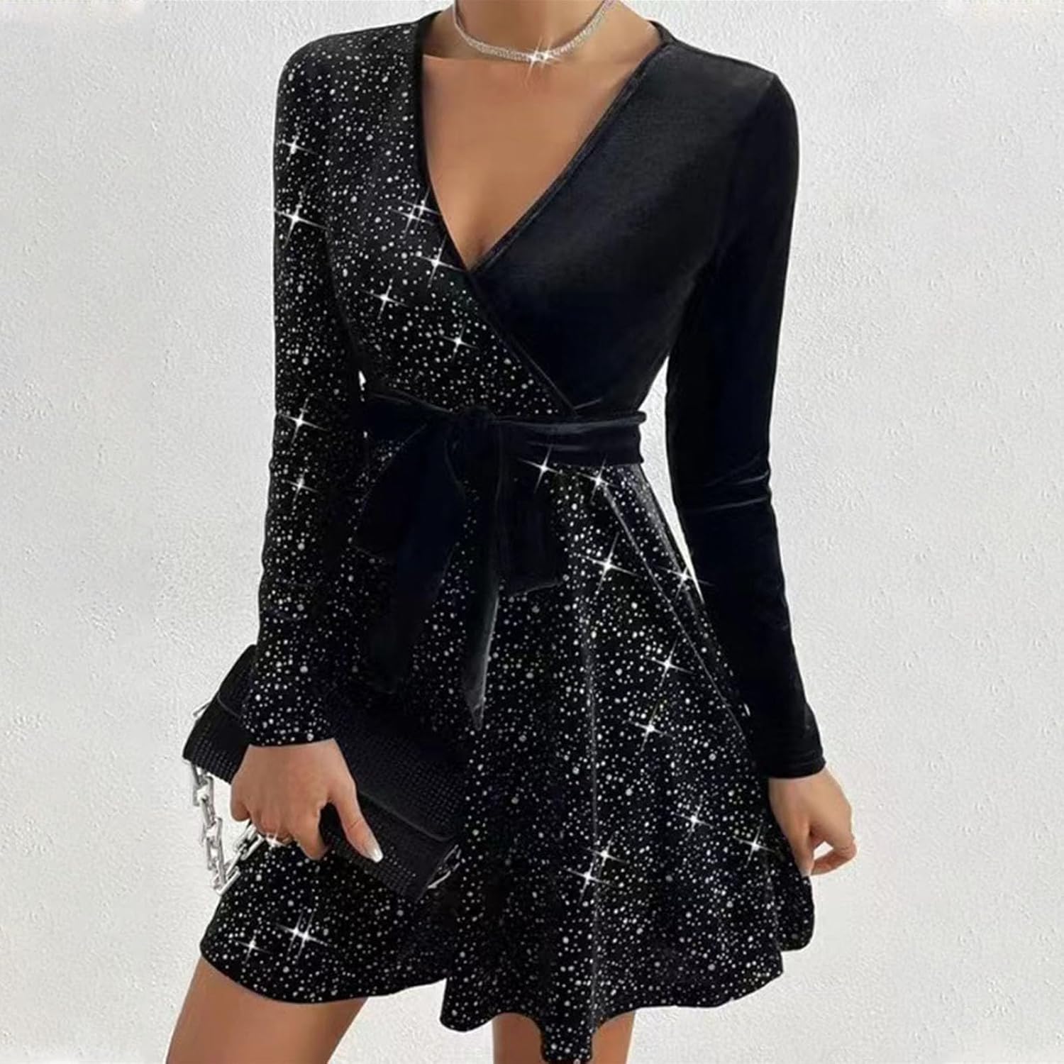 Womens Sexy Velvet Bodycon Dress Shiny Rhinestone Long Sleeve V Neck Dresses Elegant Lace Up A Line Mini Party Dress