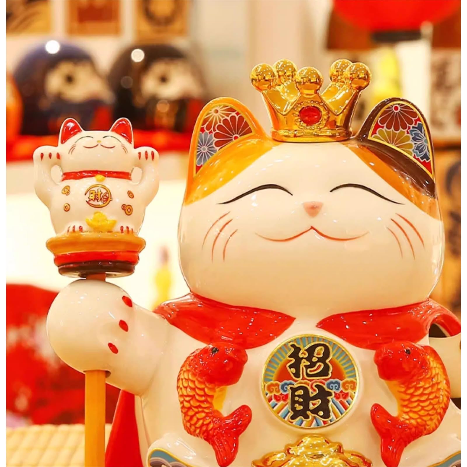Couronne à bras agitant Koi Maneki Neko pour offrir un petit chat blanc en céramique, 29 cm, décoration créative pour cadeau d'ouverture de magasin