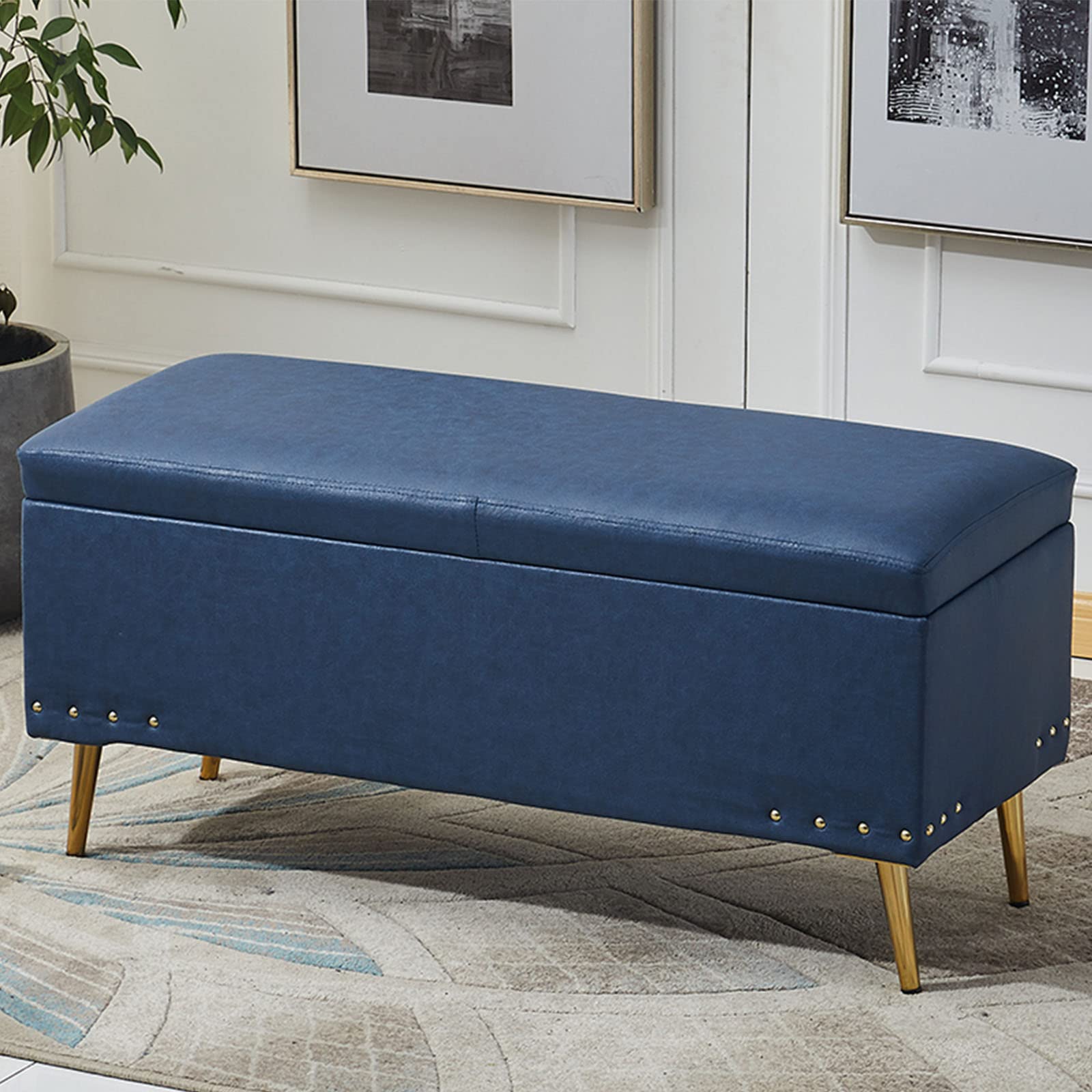 Pouf rettangolare in ecopelle blu scuro con contenitore imbottito ottomano per soggiorno, camera da letto, ingresso e corridoio, 100 x 40 x 45 cm