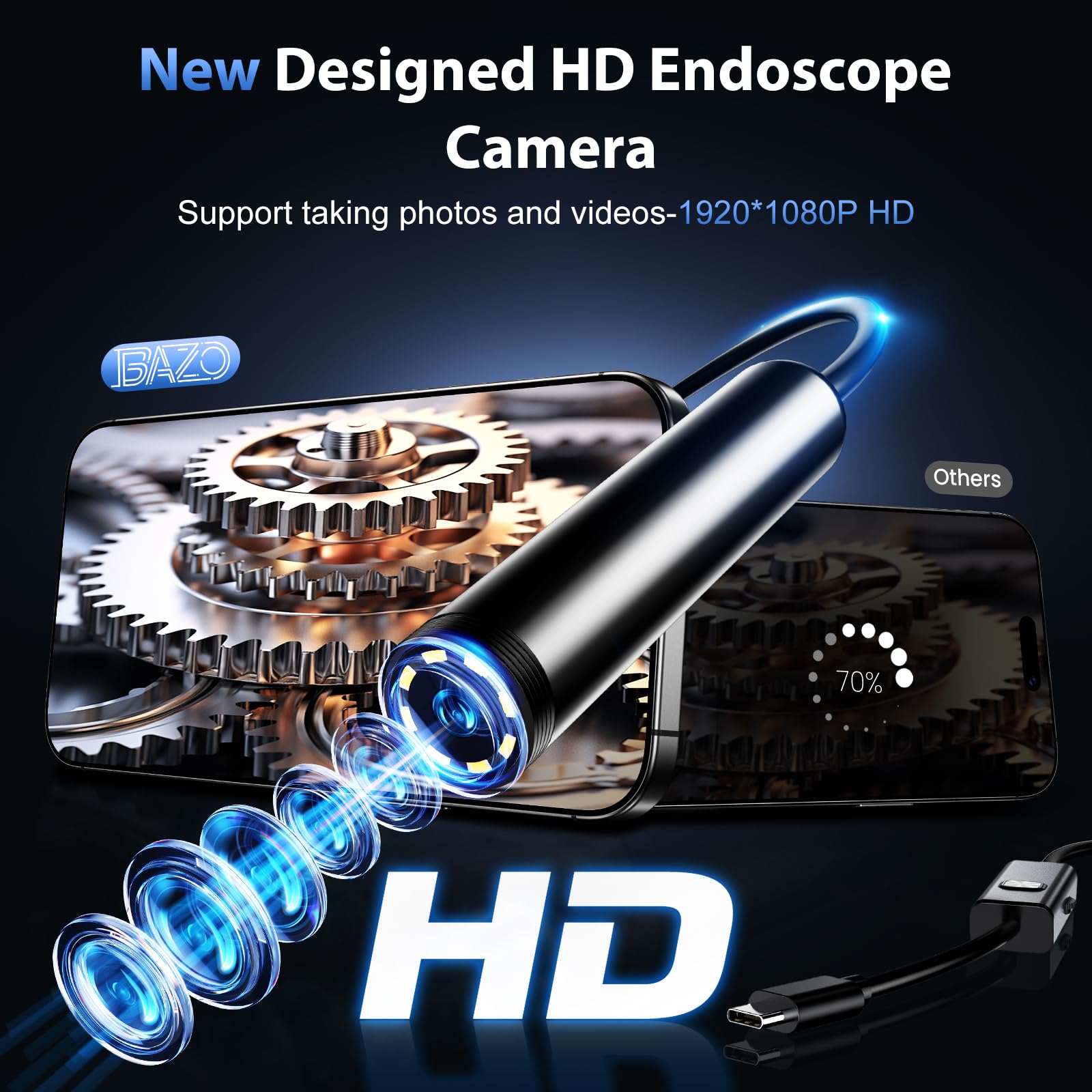 BAZO Endoscope Camera with Light –1920P HD Borescope with 8 Adjustable LEDs — Amazon image 2