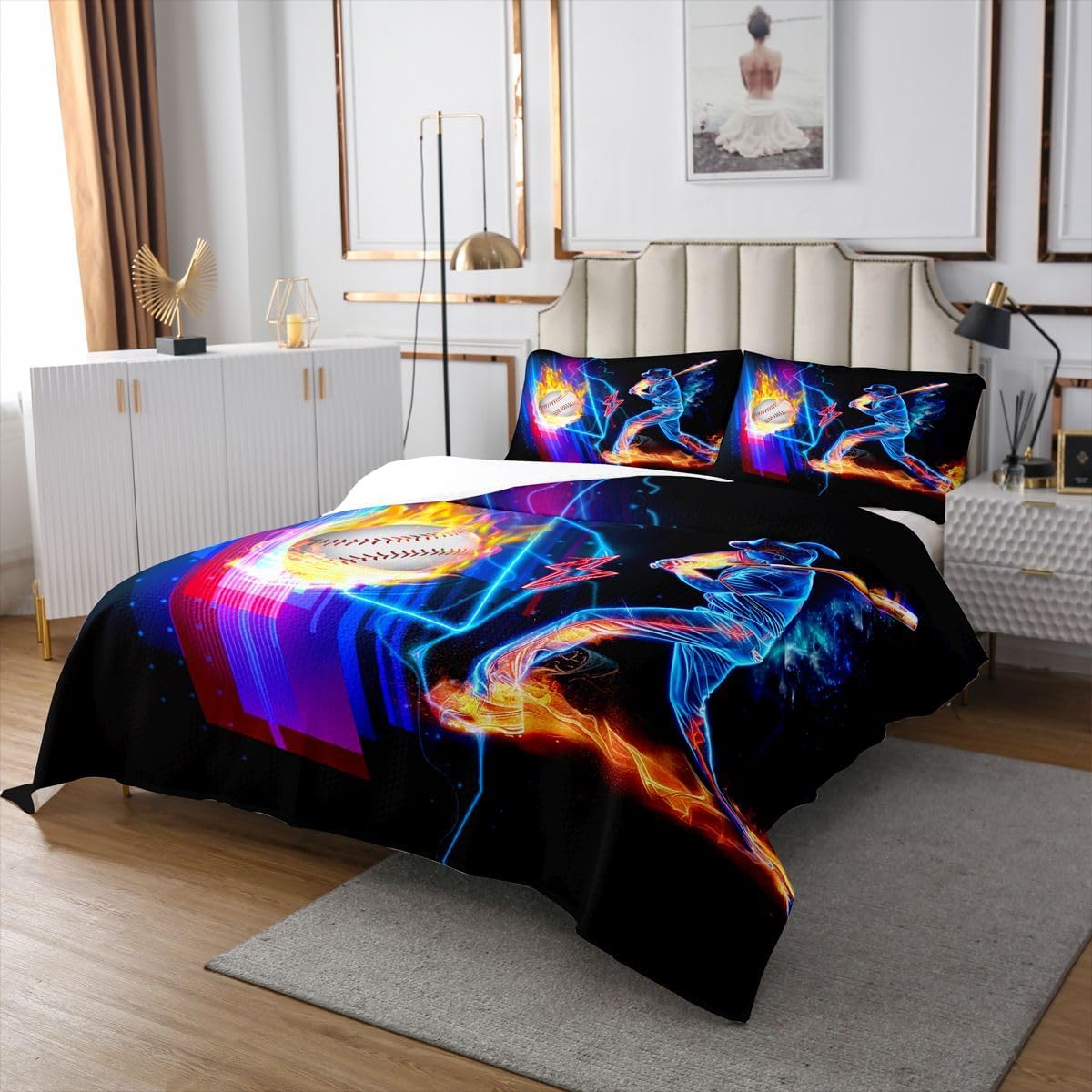 Homewish Baseball Bedspread Twin Size,Baseball Player Bedding Sets 2Pcs for Kids Girls Boys Room Decor,Cool Lightning Comforter Set Neon Blue Lines Quilt Coverlet,1 Pillowcase