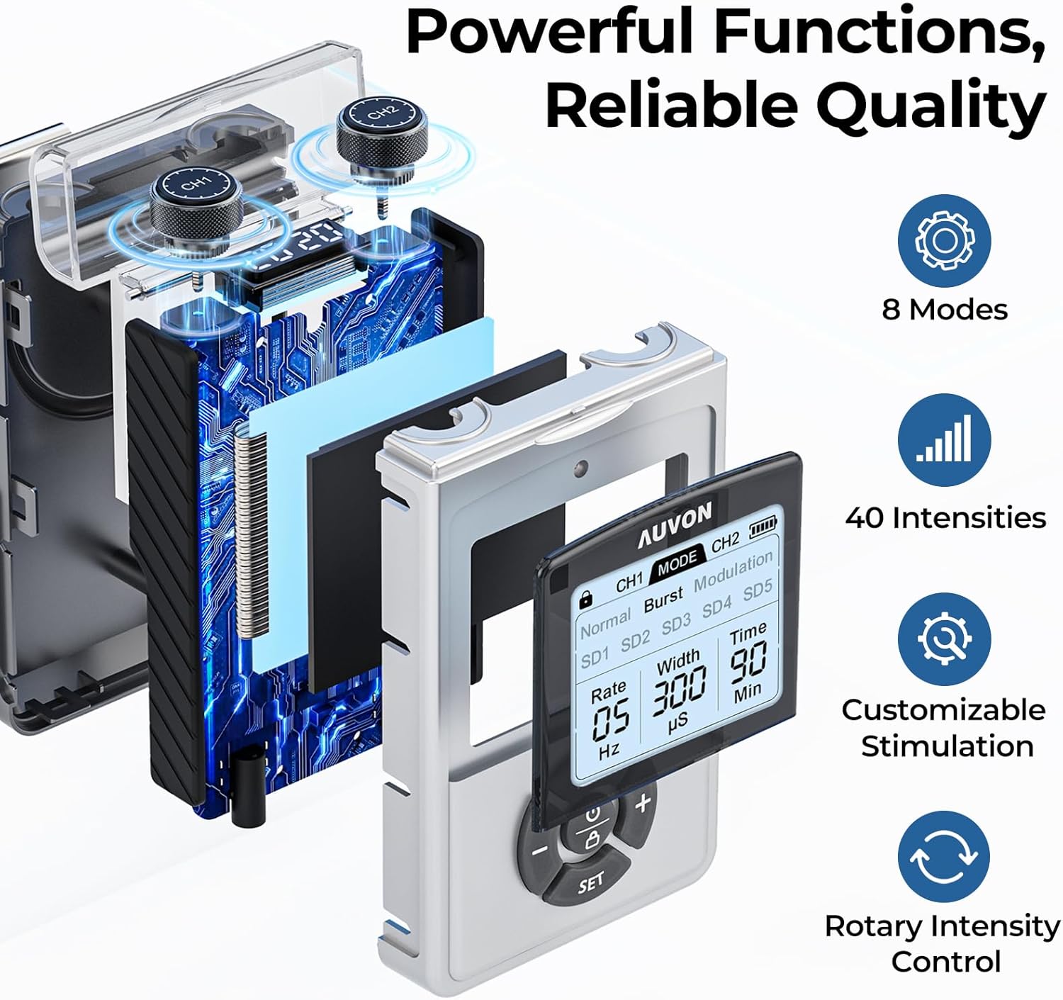AUVON Rechargeable Digital TENS Unit Muscle Stimulator with 600 mAh Battery, TENS Machine with 8 Customizable Modes, Electric Massager for Shoulder, Back Pain Relief, 6 TENS Pads, A Carry Case - Image 3