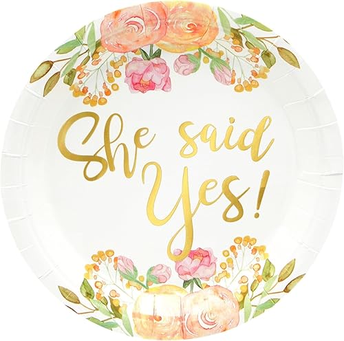 Miniatura 5 de Sparkle and Bash Paquete de 48 platos dorados de lámina dorada con texto en inglés "She Said Yes" para fiestas de compromiso, decoraciones de