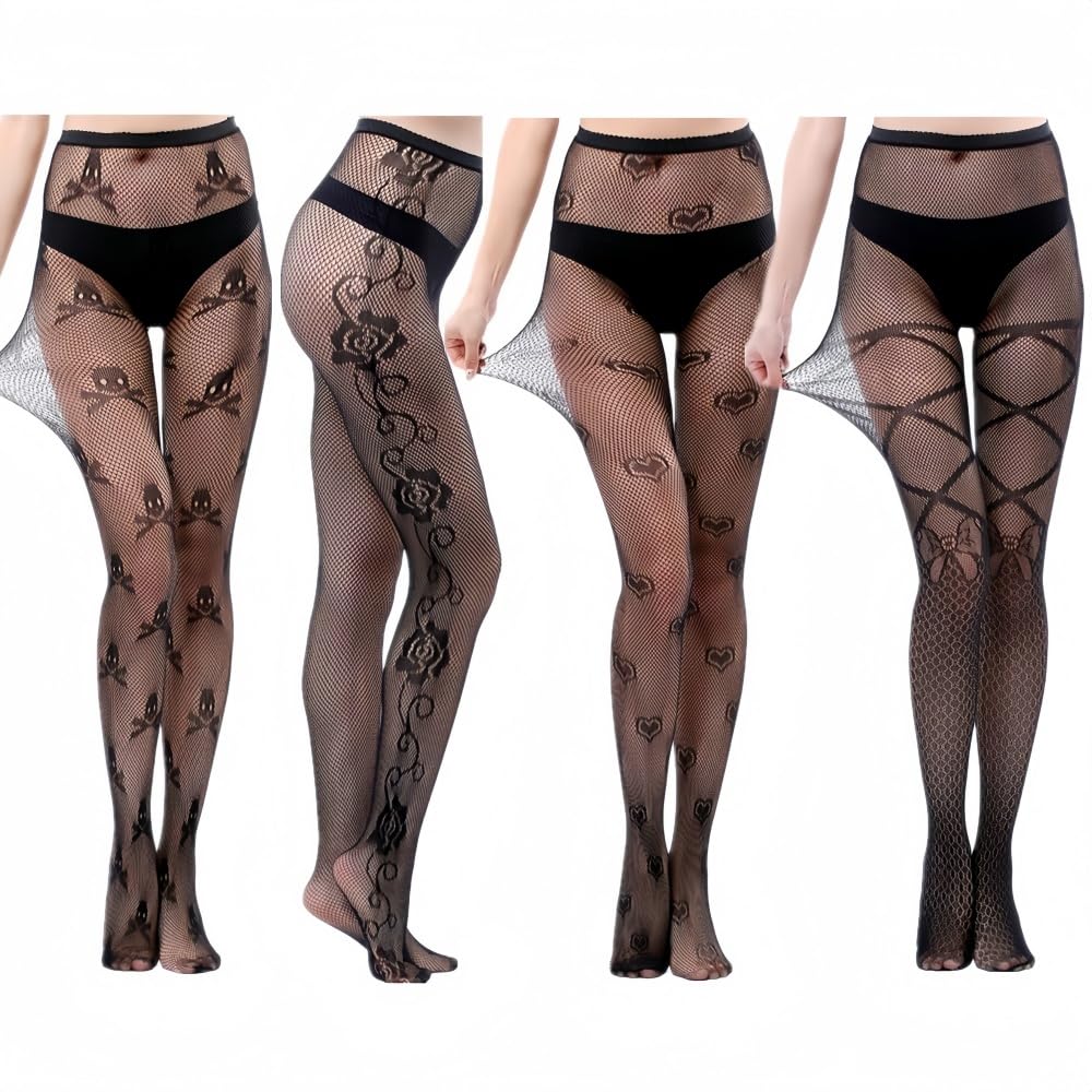 Plus Size Womens Sexy Lace Patterned Tights Fishnet Floral Stockings High Waist Pantyhose for Girls Ladies 4 Pairs