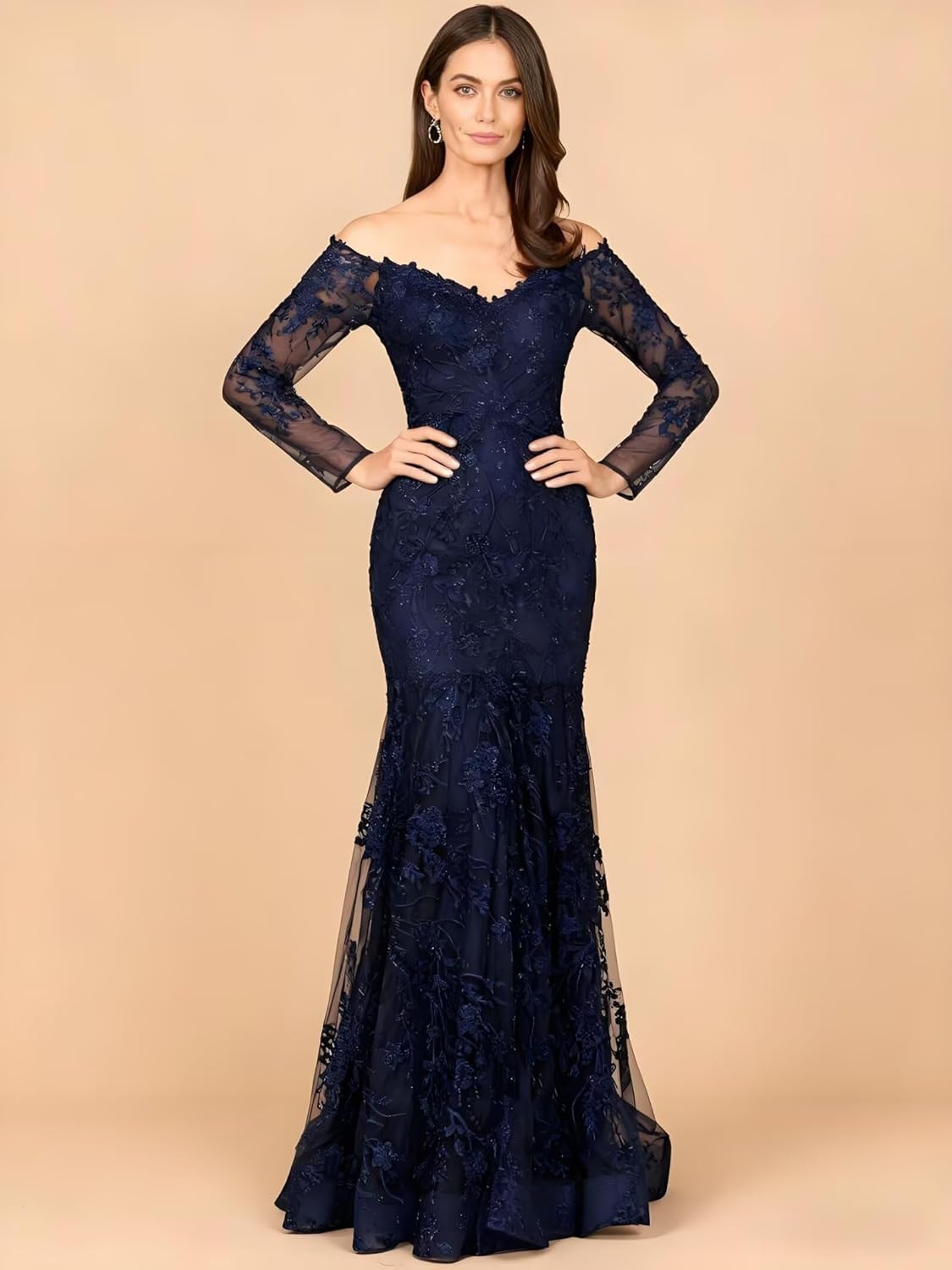 Laces Mermaid Mother of The Bride Dresses for Women 2026 V Neck Long Sleeves Off Shoulder Formal Wedding Guest Dress - Image 2