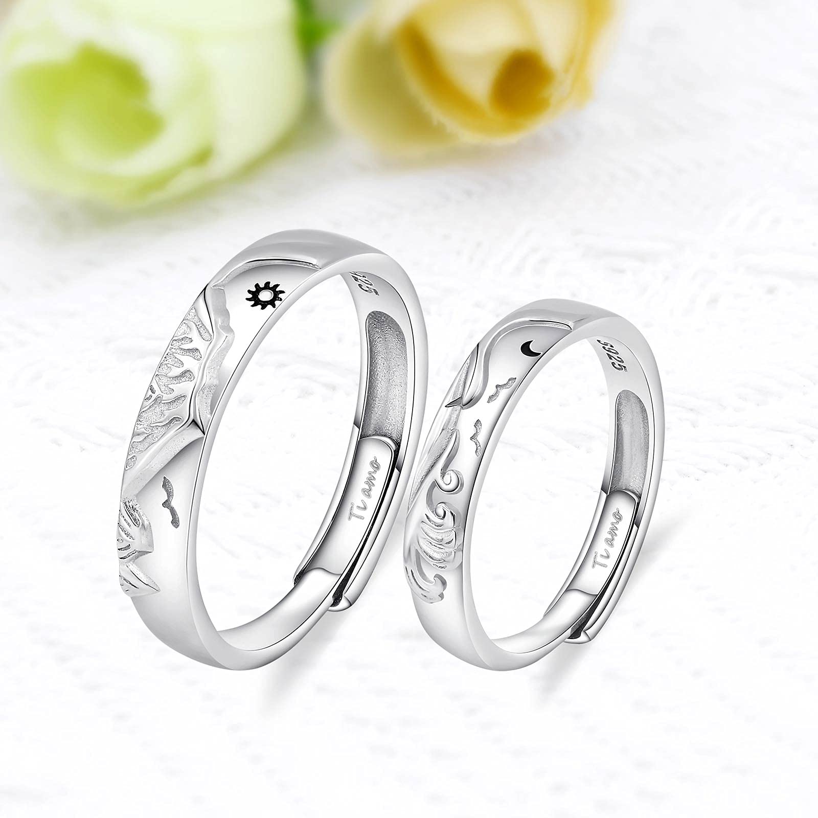 Anillos Compromiso Pareja, Joya Plata 925, Anillo Ajustable Simple Anillo Pareja Sol y Luna de Montaña y Mar, Alianzas Boda Regalo Aniversario Pareja
