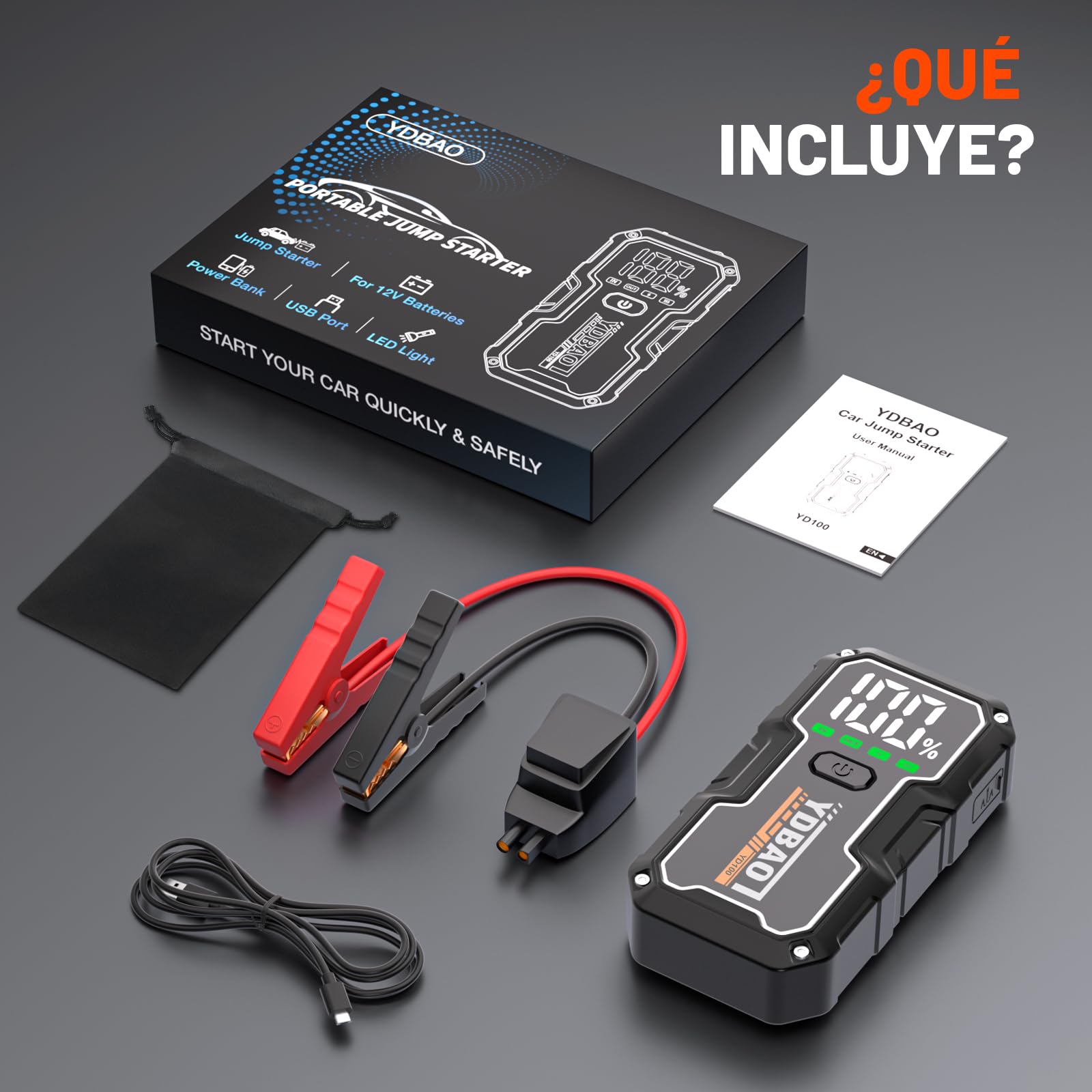 YDBAO Arrancador de Coches 8000A 12V Arrancador de Baterias de Coche Moto (para Todo Gasolina o 10L de Diésel) Jump Starter Protección Inteligente Linterna LED Pantalla LCD y Clips de Seguridad