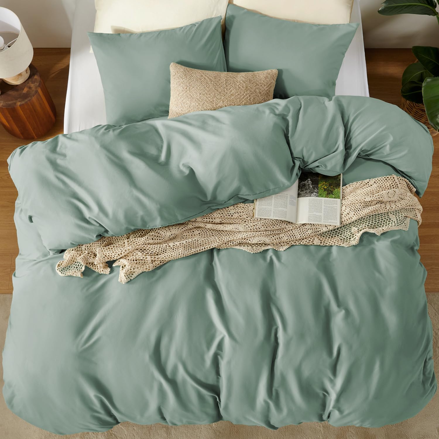 puredown 1PCS Copripiumino Matrimoniale 240x220cm+ 2PCS Federe in Microfibra 50x80cm, Set di Copripiumino Monocromatica per Letto Matrimoniale, Traspirante, Morbida, Oeko-Tex, Verde