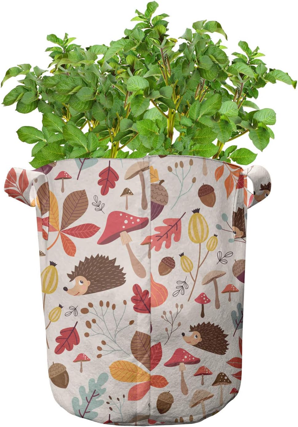 Lunarable Autumn Grow Bags 5-Pack, Woodland Wildlife Pinecone, Heavyduty Fabric Pots with Handles for Plants, 7 Gallon, Multicolor