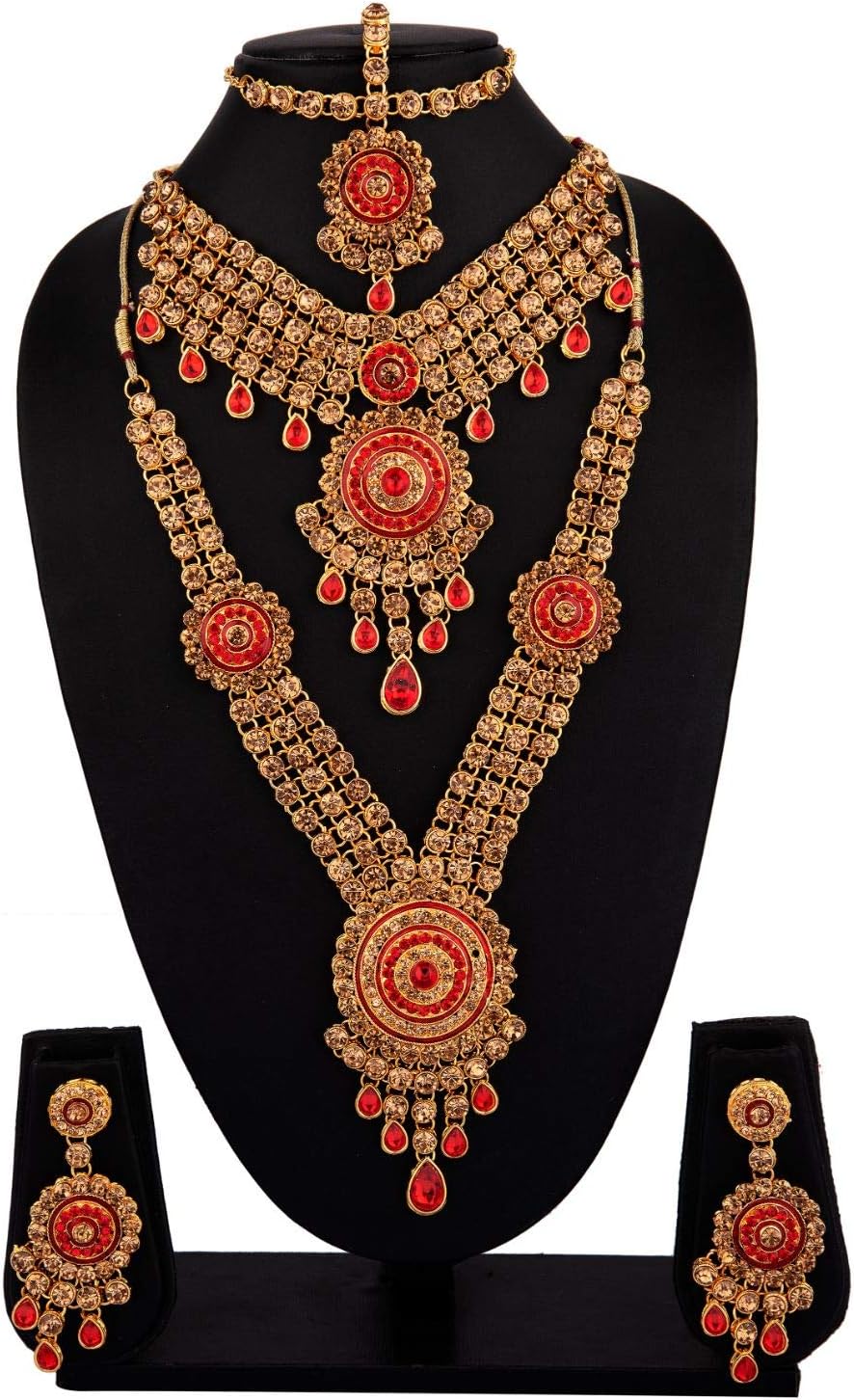 Efulgenz Indian Bridal Jewelry Indian Wedding Jewelry Sets for Women Bridal Bollywood Kundan Rhinestone Necklace Earrings Maang Tikka Head Chain Nose Ring Bracelet Jewelry Set - Image 3