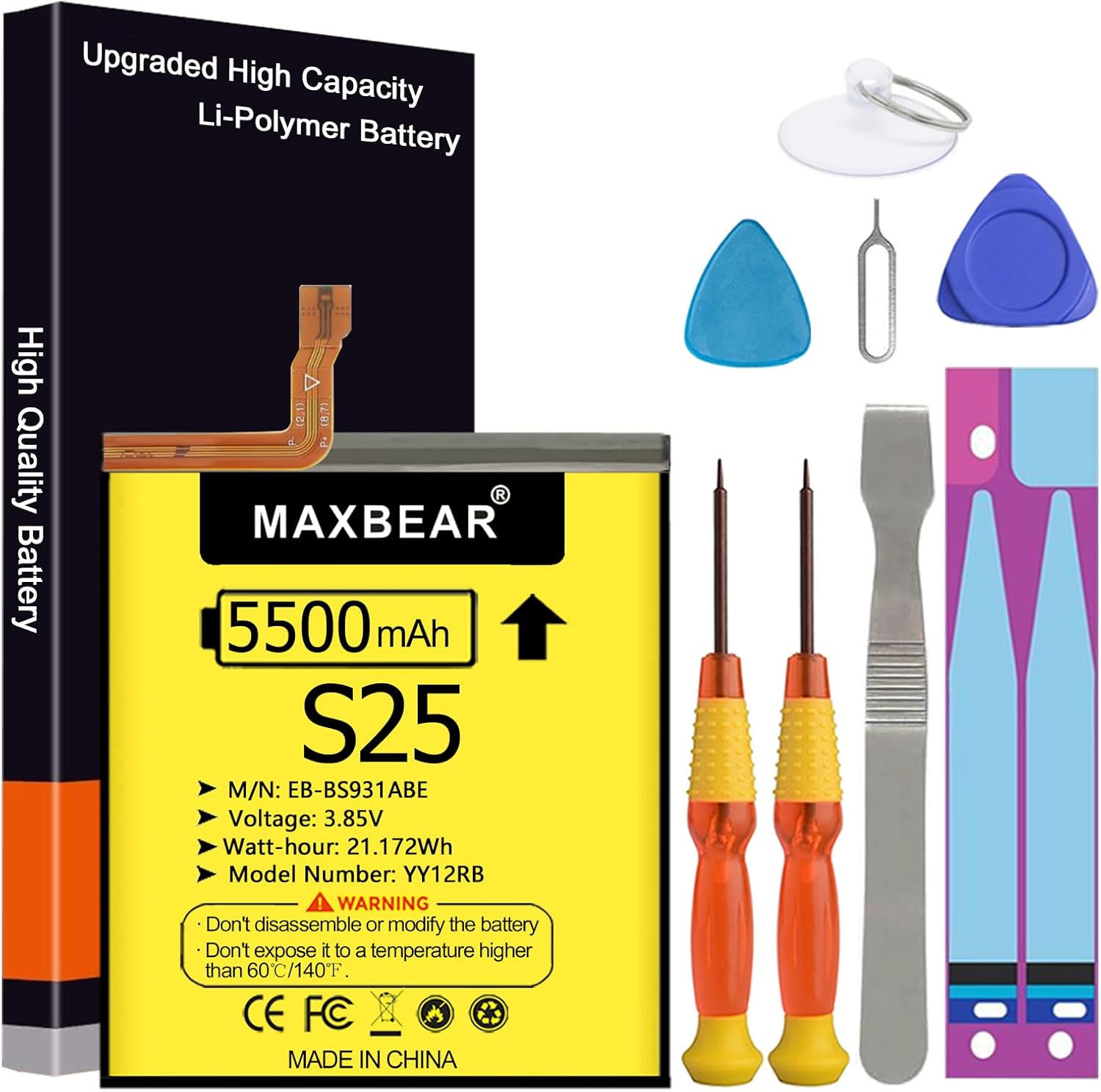 Galaxy S25 Battery, Upgraded 5500mAh 3.85V Li-Polymer Replacement Battery EB-BS931ABY Compatible with Galaxy S25 5G SM-S931B/U/U1/W/E with Repair Tool Kit