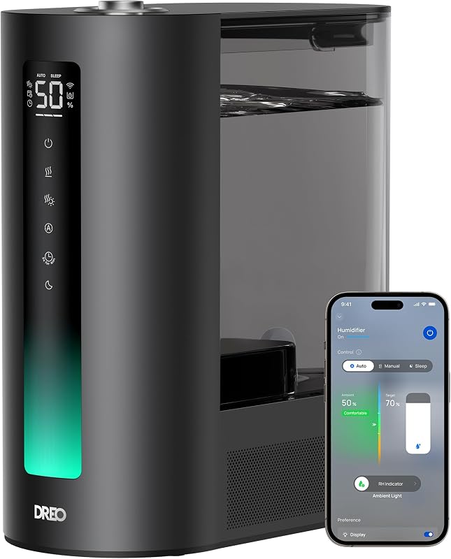 Humidificadores inteligentes DREO 6L para dormitorio, niebla cálida y fría para habitaciones grandes | Tiempo de funcionamiento silencioso de 60 horas, salida de 500 ml/h, sensor de humedad inteligente, luz indicadora, control de aplicaciones, funciona con Alexa y Google, negro