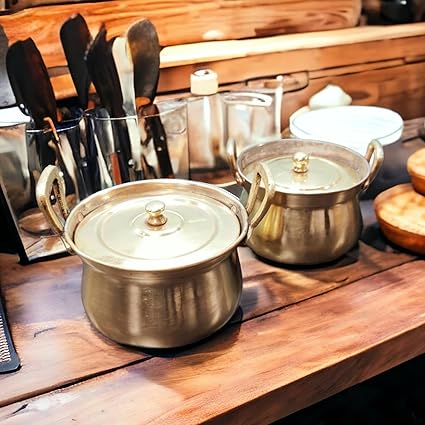 MERCHANT ANTIQUES Set of 2 - Antique Brass Very Rare Cooking Vessel with Handles and Lid Mostly Known As Shakuntala (KALAI i.e. Tin Coating done inside for cooking purpose)
