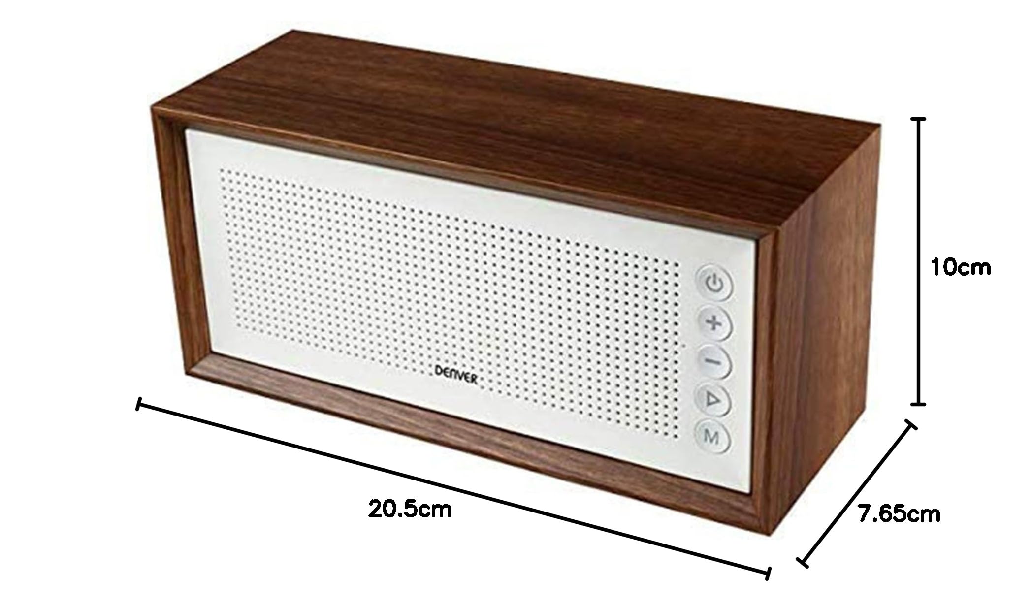 Denver BTS-210 - Enceinte portable - Tuner radio FM - Connexion Bluetooth et USB - Entrée AUX et carte SD - Batterie rechargeable 1500 mAh - Haut-parleurs : 10 W - Structure extérieure en bois - Blanc