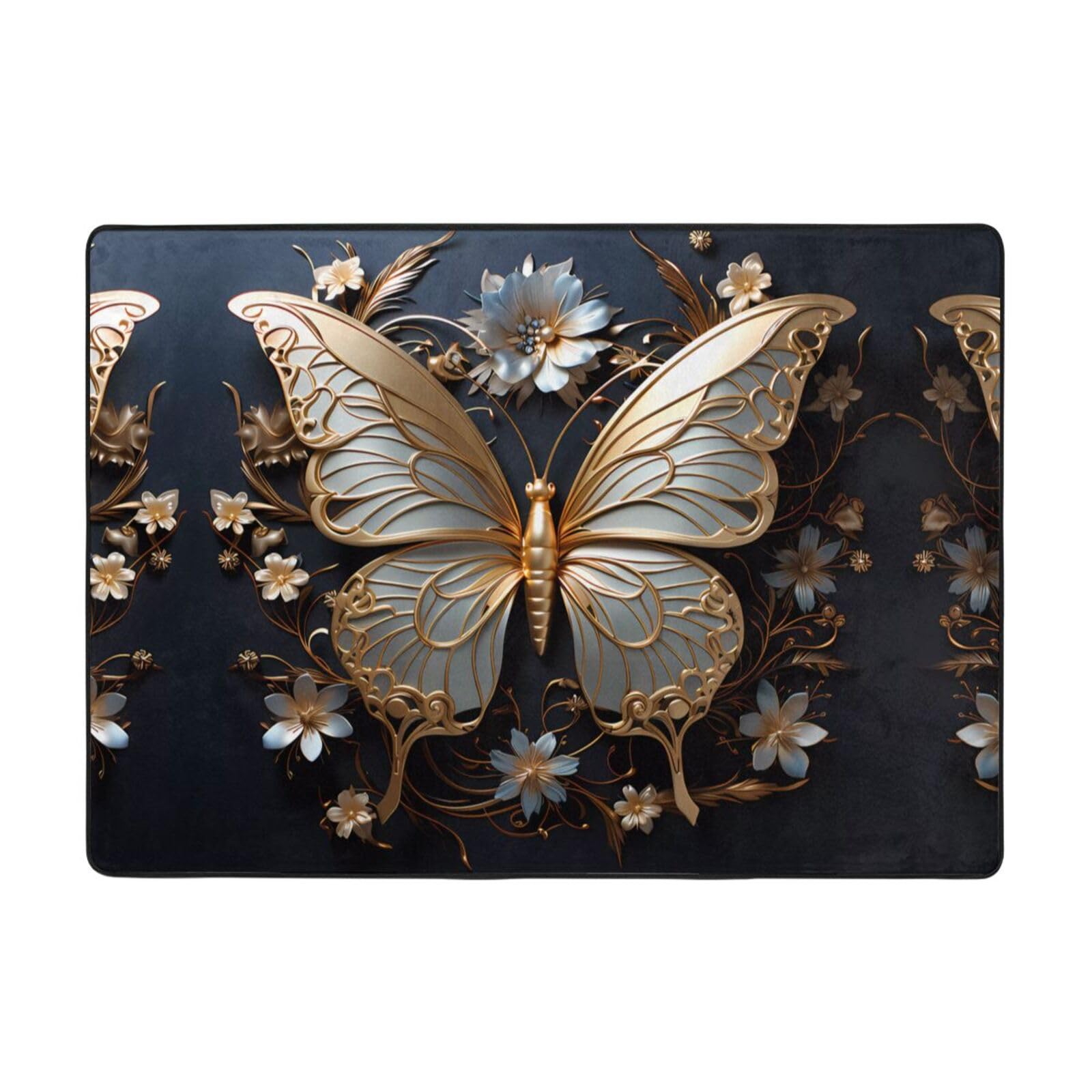 Tapis papillons dorés grand format 203 x 147 cm doux et antidérapant chambre