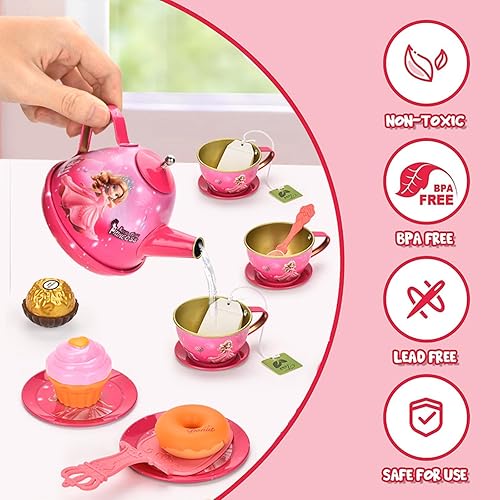 Miniatura 5 de Juego de té para niñas pequeñas, juego de tetera de hojalata de princesa, juguete de cocina con tazas, platos y accesorios para regalos de