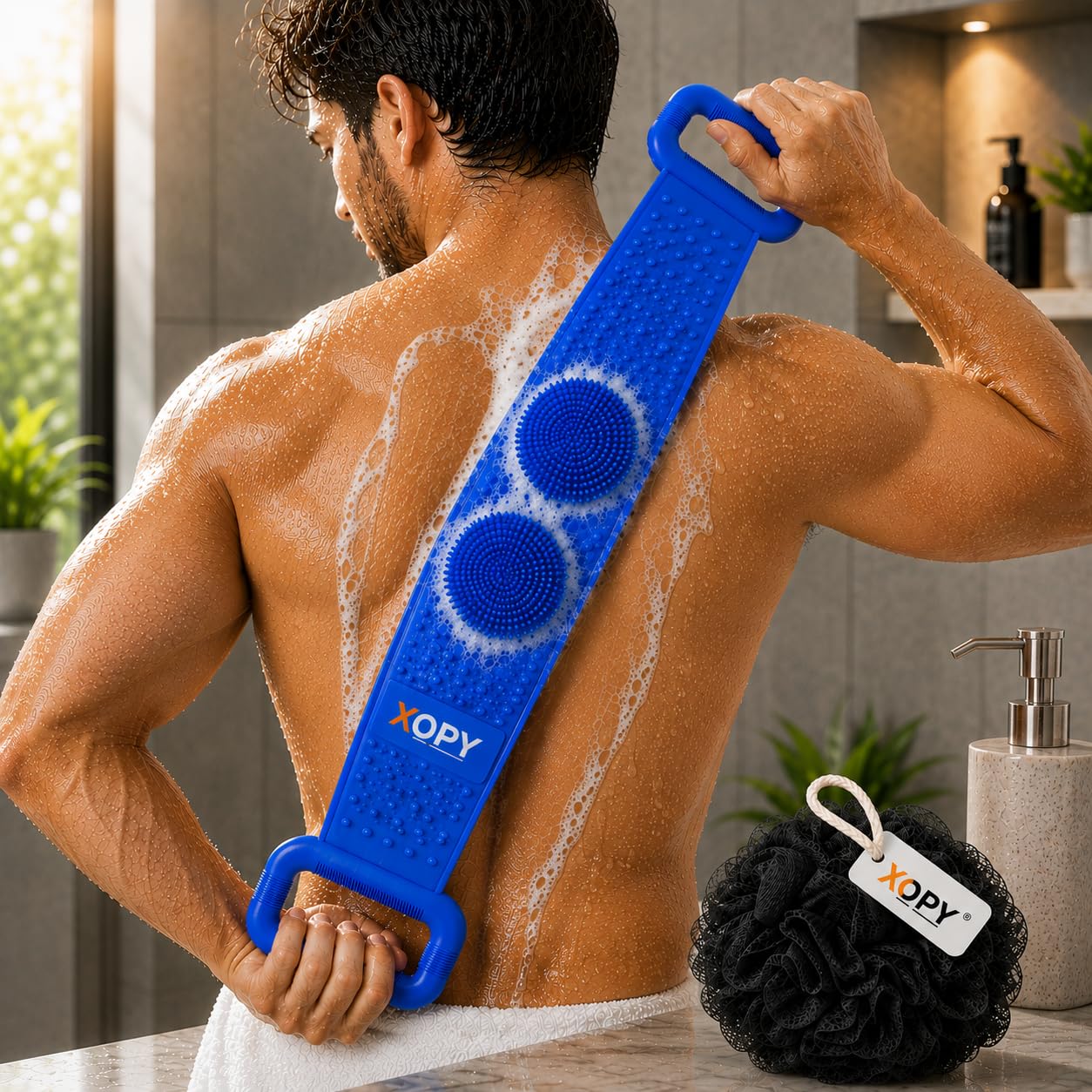 2-in-1 Silicone Bath Scrubber & Loofah Combo for Men & Women | Double-Sided Back Cleaning Belt for Deep Exfoliation & Massage | Soft Mesh Bath Pouf for Rich Lather | Long Handle Body Scrubber for Smooth & Healthy Skin-picture-45