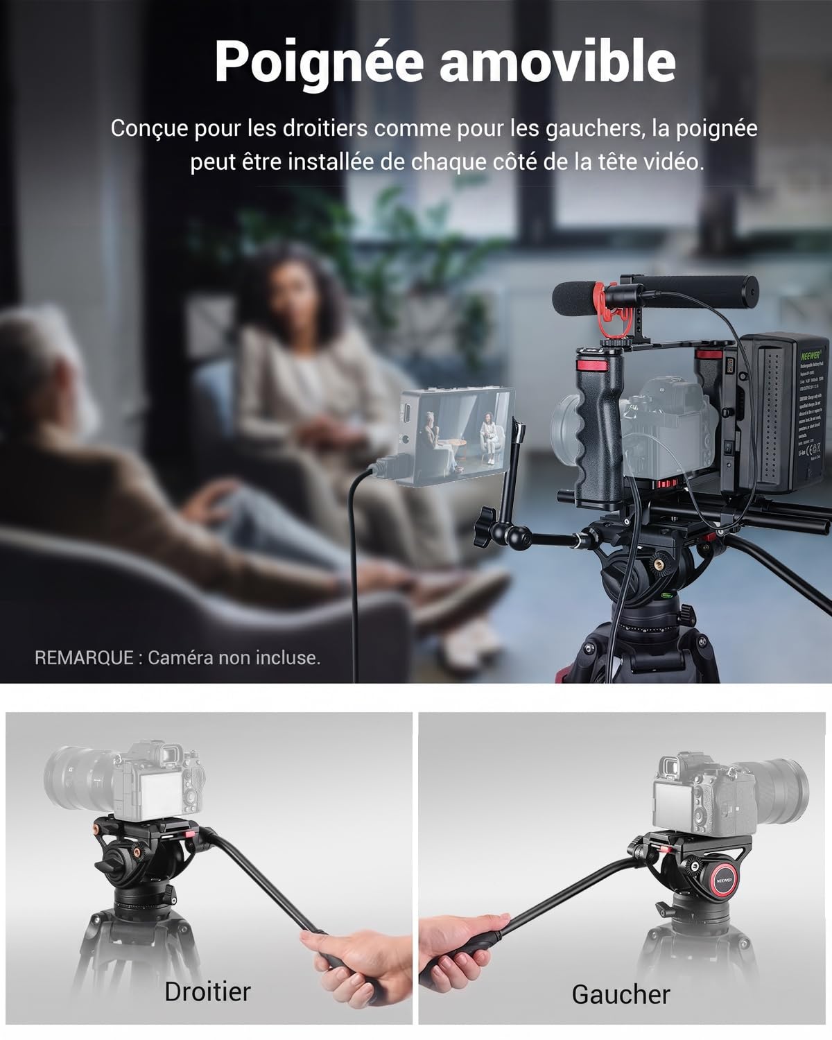 NEEWER Trépied Vidéo Pro 74 pouces avec Tête Fluide, Plaque QR Compatible avec DJI RS Gimbal, Trépied Robuste avec Poignée Télescopique Base d'Escalade pour DSLR, Max. 17,6 lb/8 kg, TP74