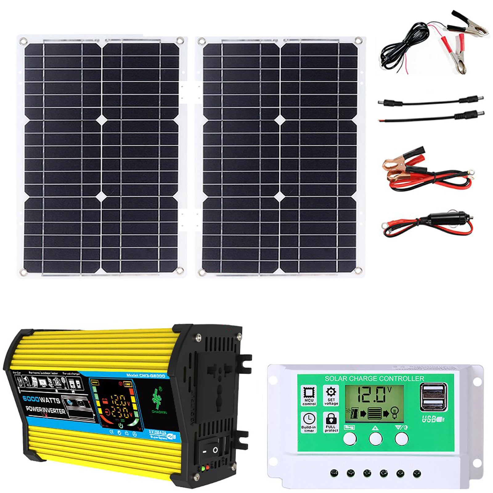 Kit Complet d'énergie Solaire: onduleur 6000W + Panneau monocristallin 50W avec contrôleur de Charge Intelligent for Camping, chalets et extérieur.(Unique Colour)