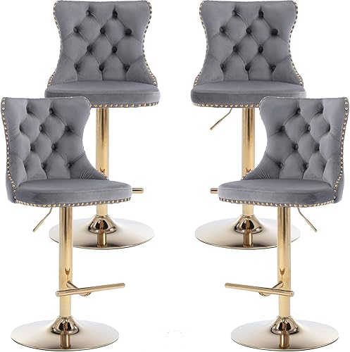 Miniatura 30 de Juego de 2 taburetes de bar giratorios de terciopelo, altura ajustable de 25 a 33 pulgadas, taburetes de bar con respaldo, sillas de bar para altura