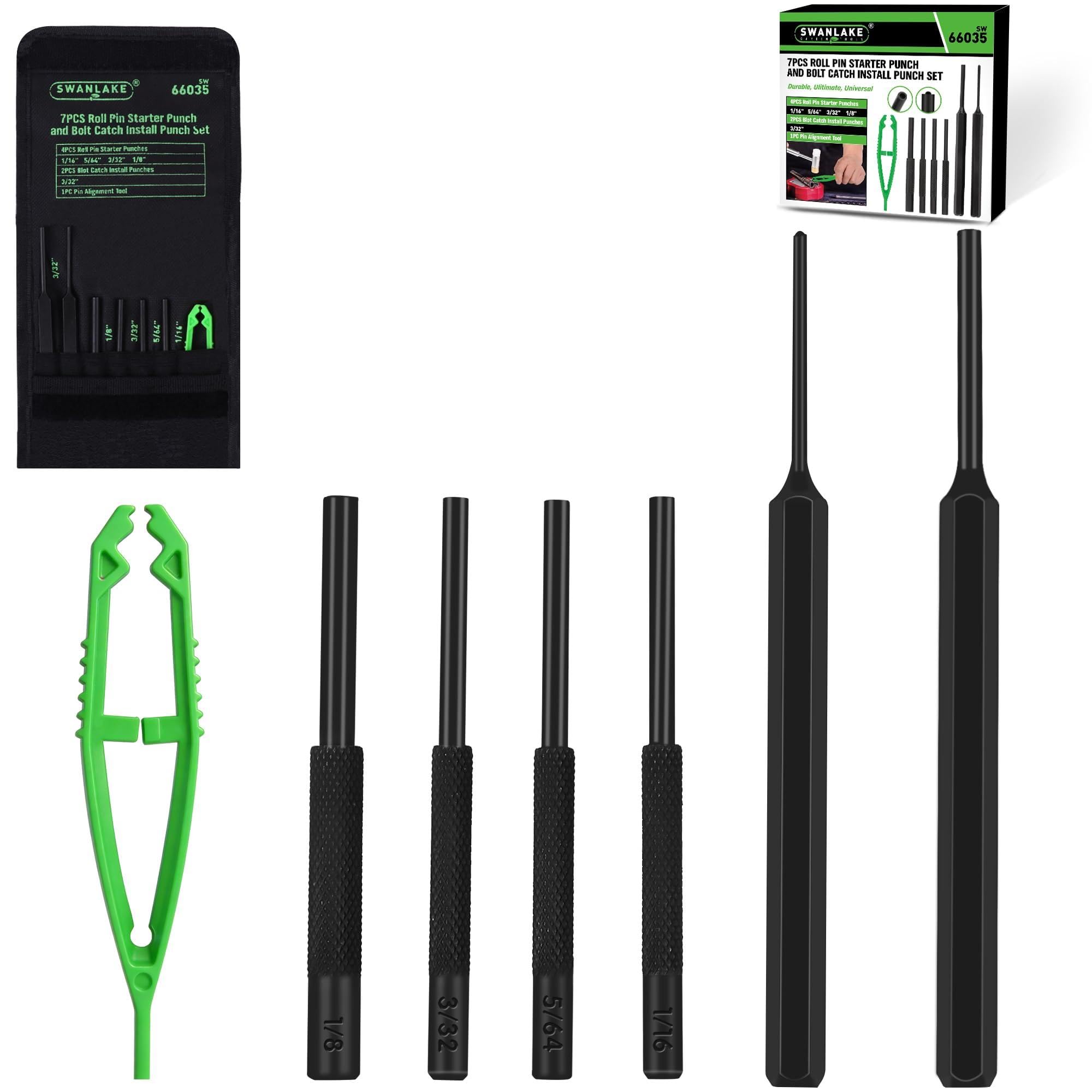SWANLAKE GARDEN TOOLS 7PCS Roll Pin Starter Punch and Bolt Catch Install Punch Set, 1/16", 5/64", 3/32", 1/8"