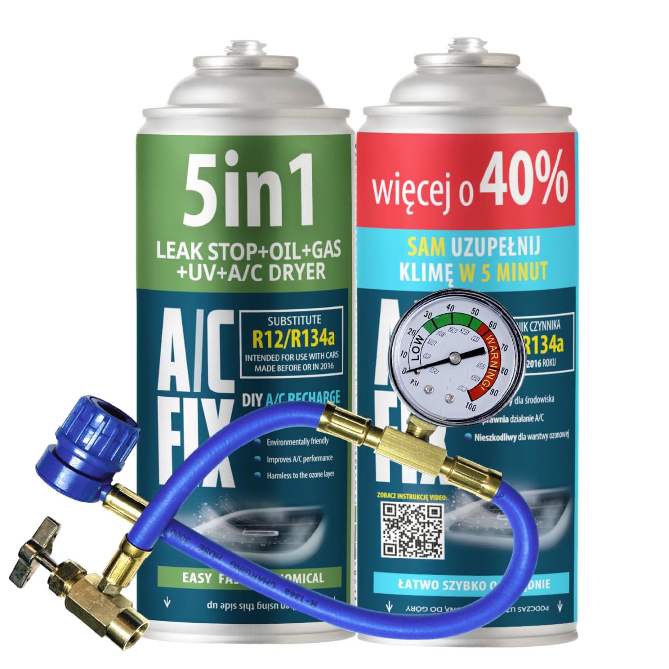 AC FIX 5-in-1 – R134a x 2 470g Refrigerant for Car Air Conditioning with Oil, Sealant, UV Dye, Desiccant – Quick Application – Protects the Compressor — view 7