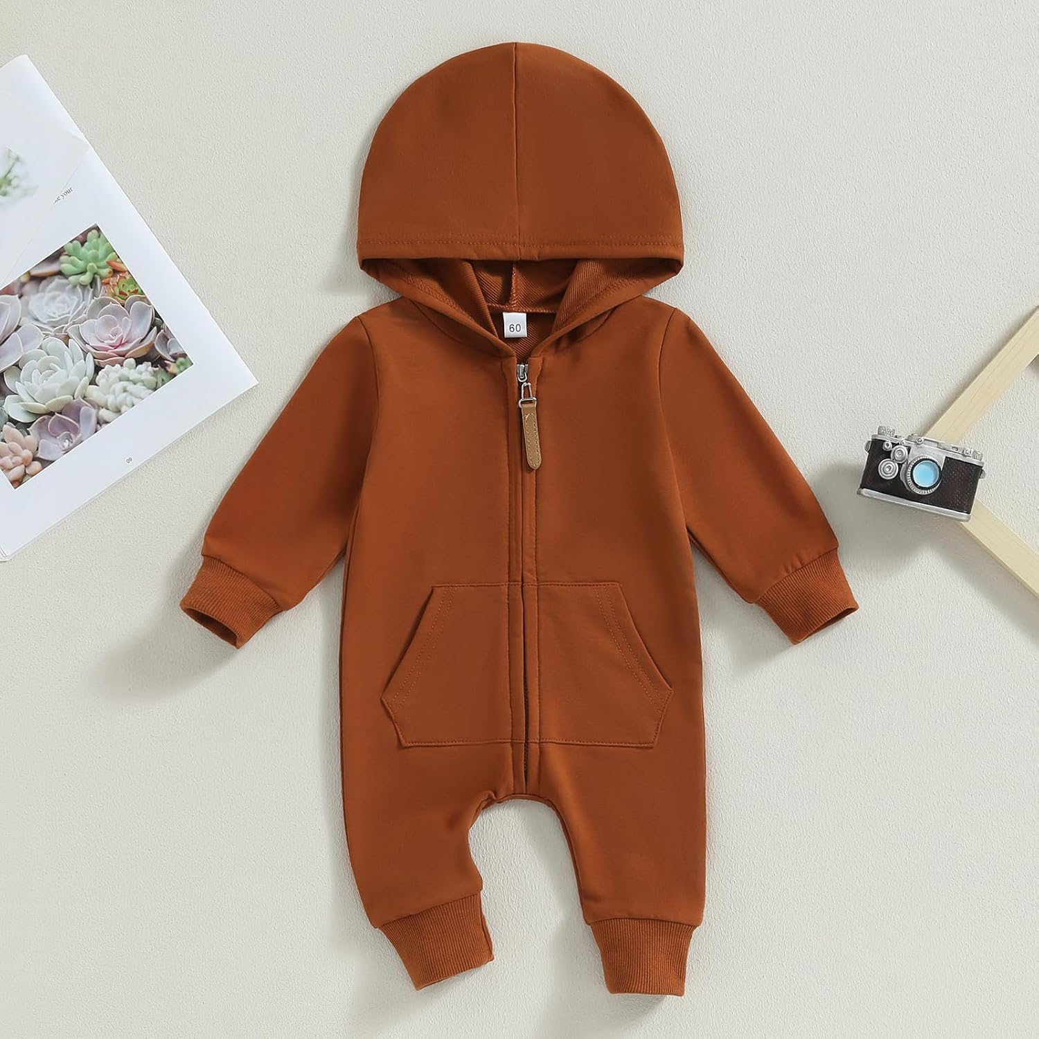 allshope Newborn Baby Boy Girl Fall Outfit Romper Long Sleeve Hooded Solid Zipper Jumpsuit Bodysuit Infant Clothes - Image 2