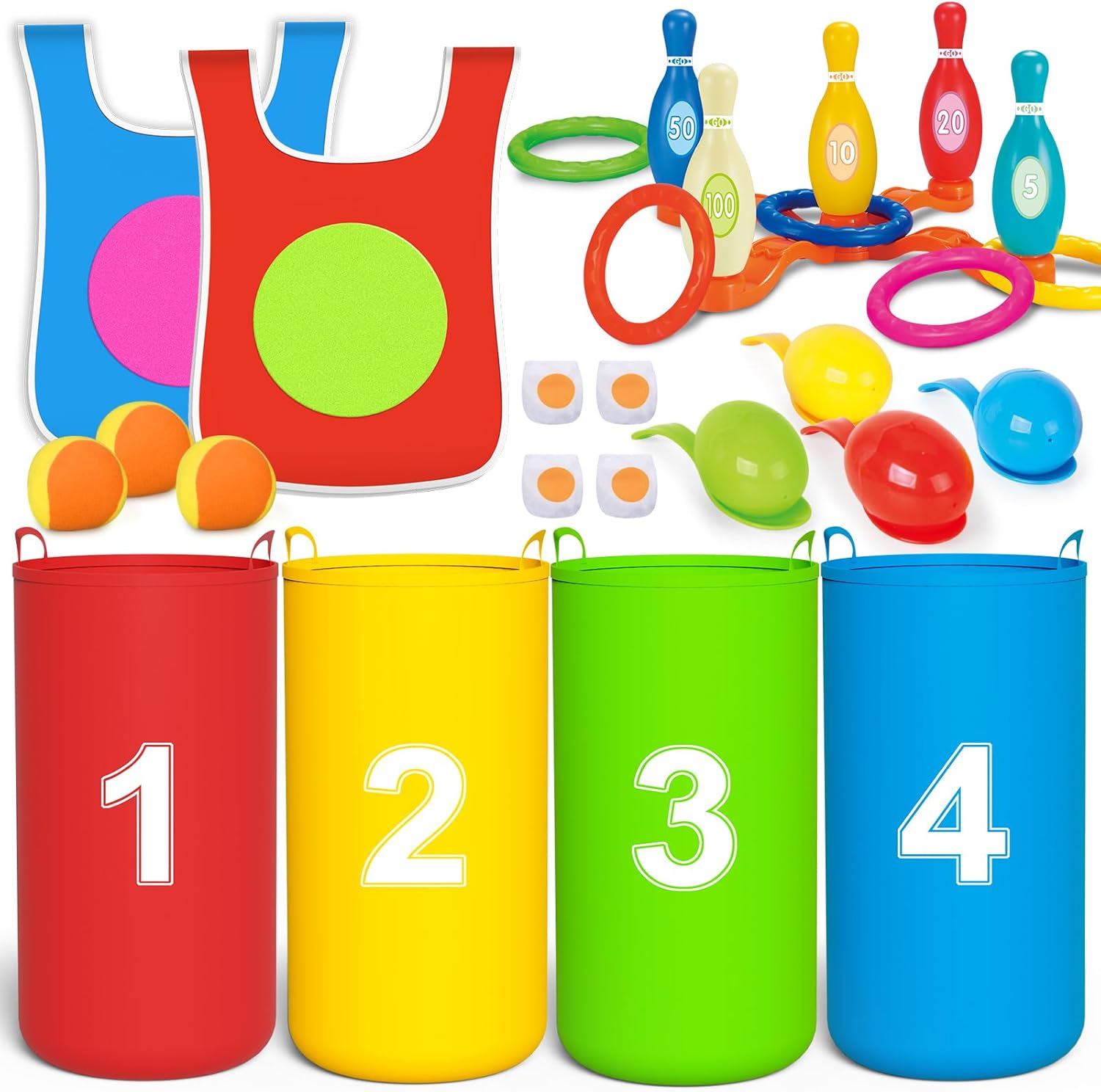 potato sack race bags, 4 in 1 outdoor carnival games for kids,lawn field day games set with bean bags, egg spoon,ring toss and dodgeball tag game,carnival yard for family adults kids birthday party